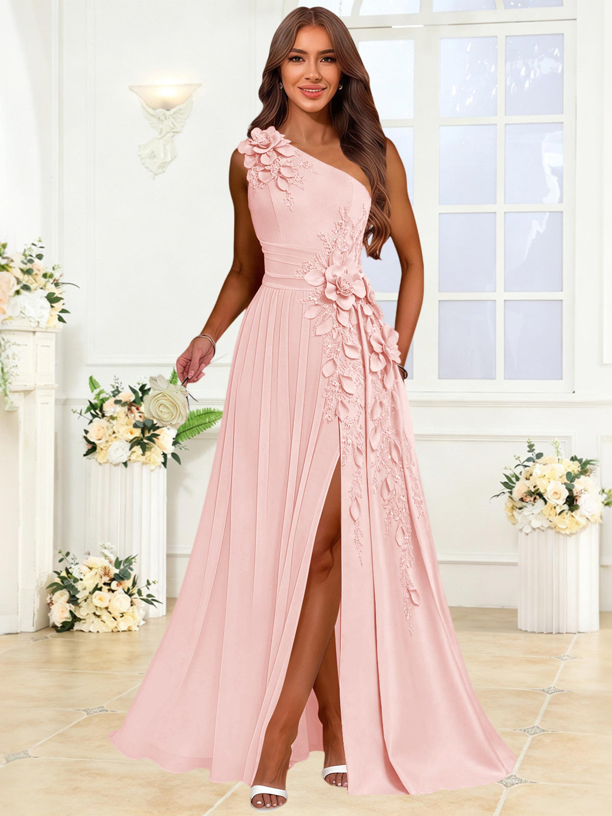 One Shoulder 3D Flower Chiffon Bridesmaid Dress with Slit