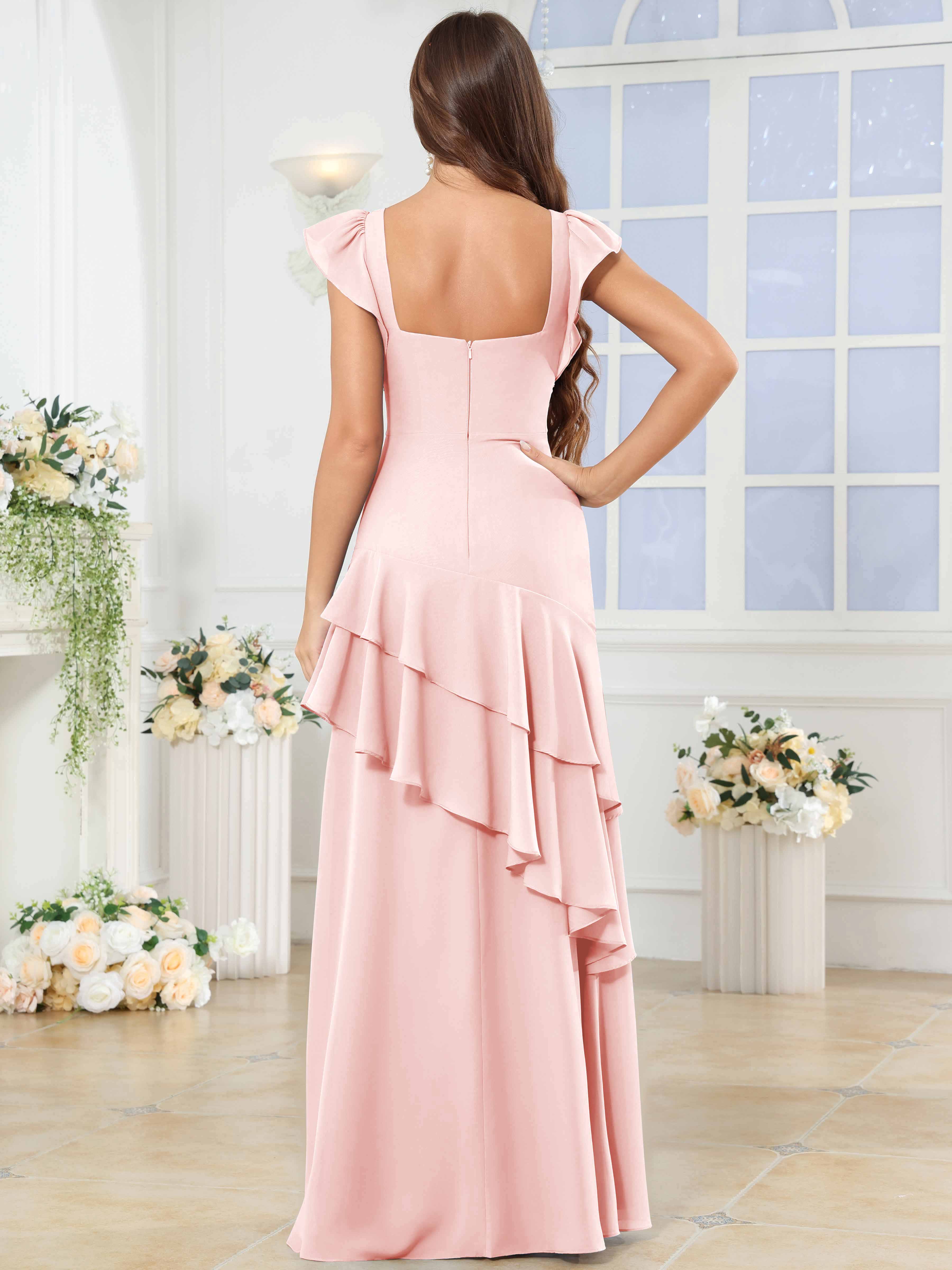 ROVDESY Sweetheart Tiered Ruffle Chiffon Bridesmaid Dress With Short Sleeves