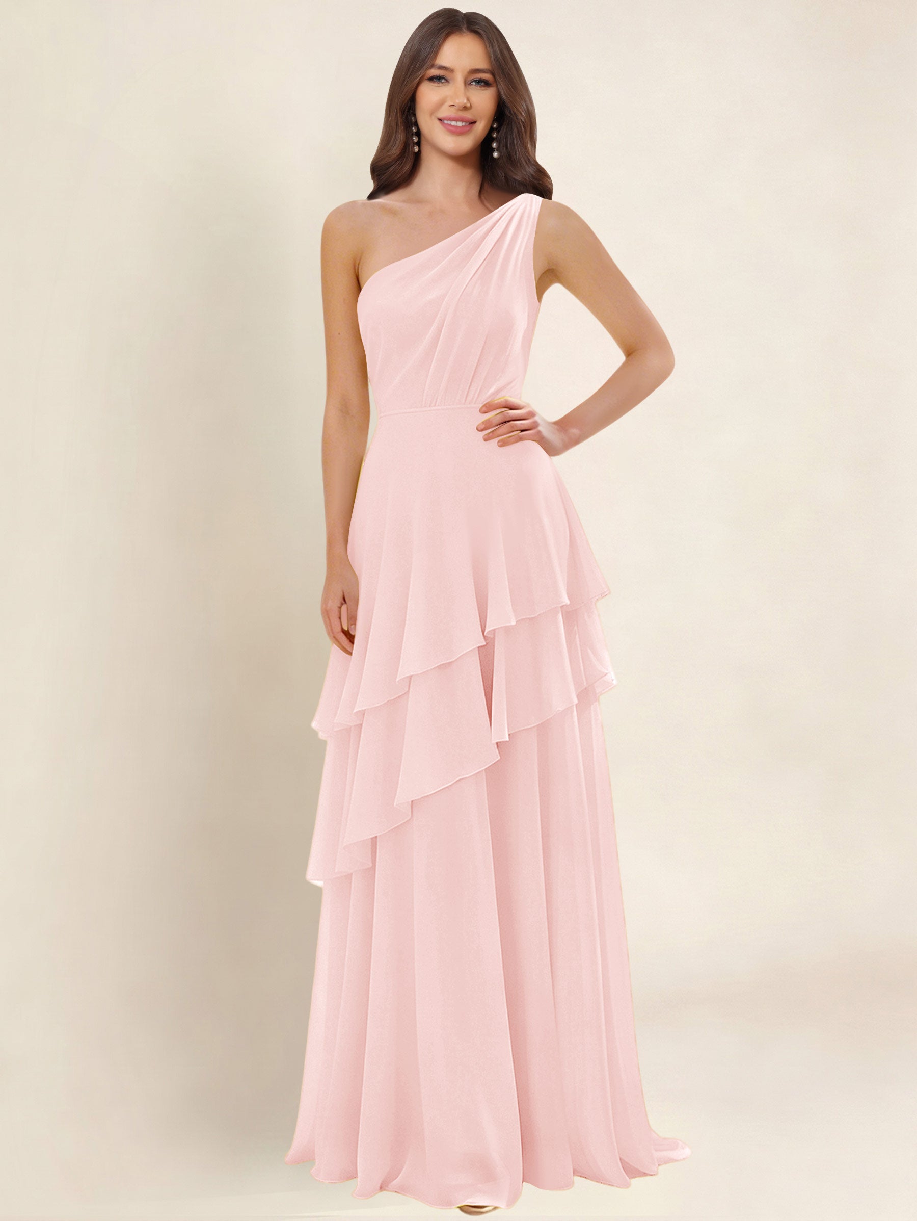 ROVDESY A-Line One Shoulder Pleated Tiered Chiffon Bridesmaid Dress