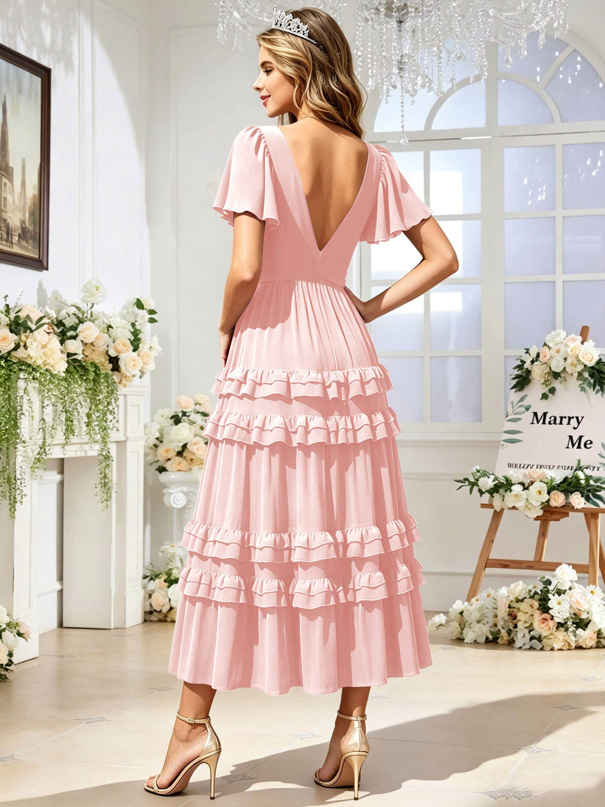 A Line Chiffon Pleated Bridesmaid Dress with Sleeves