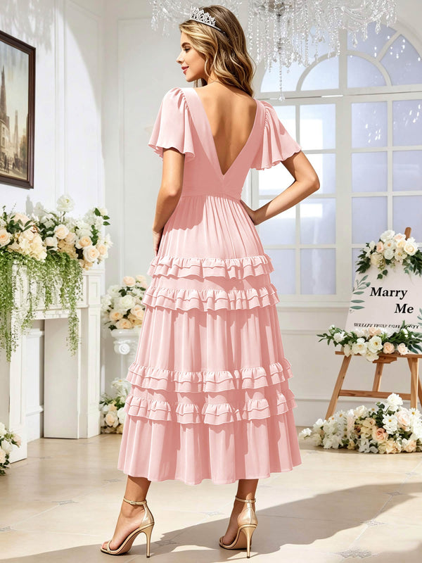 A Line Chiffon Pleated Bridesmaid Dress with Sleeves