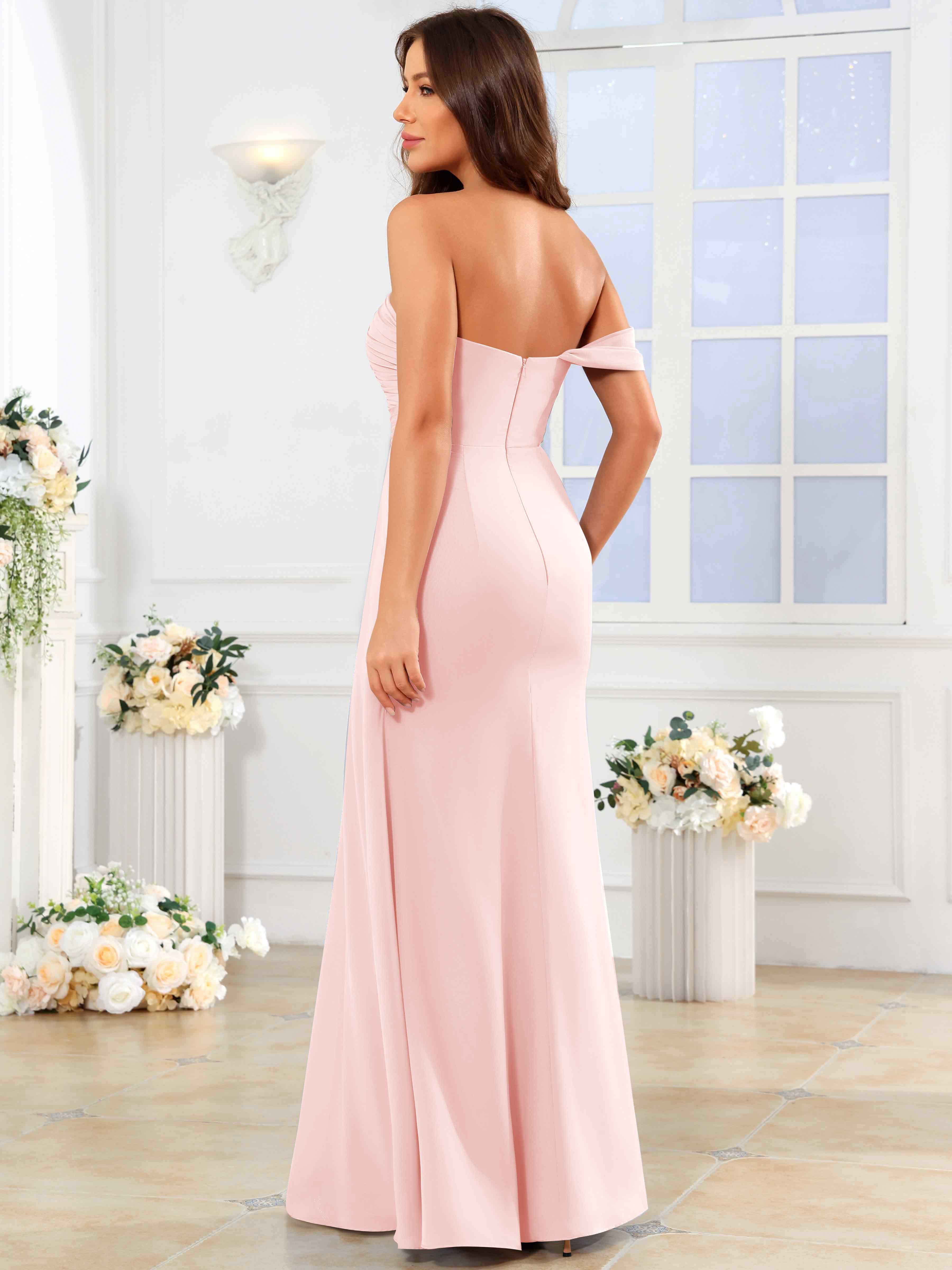 ROVDESY One Shoulder Off The Shoulder Pleated Chiffon Bridesmaid Dress