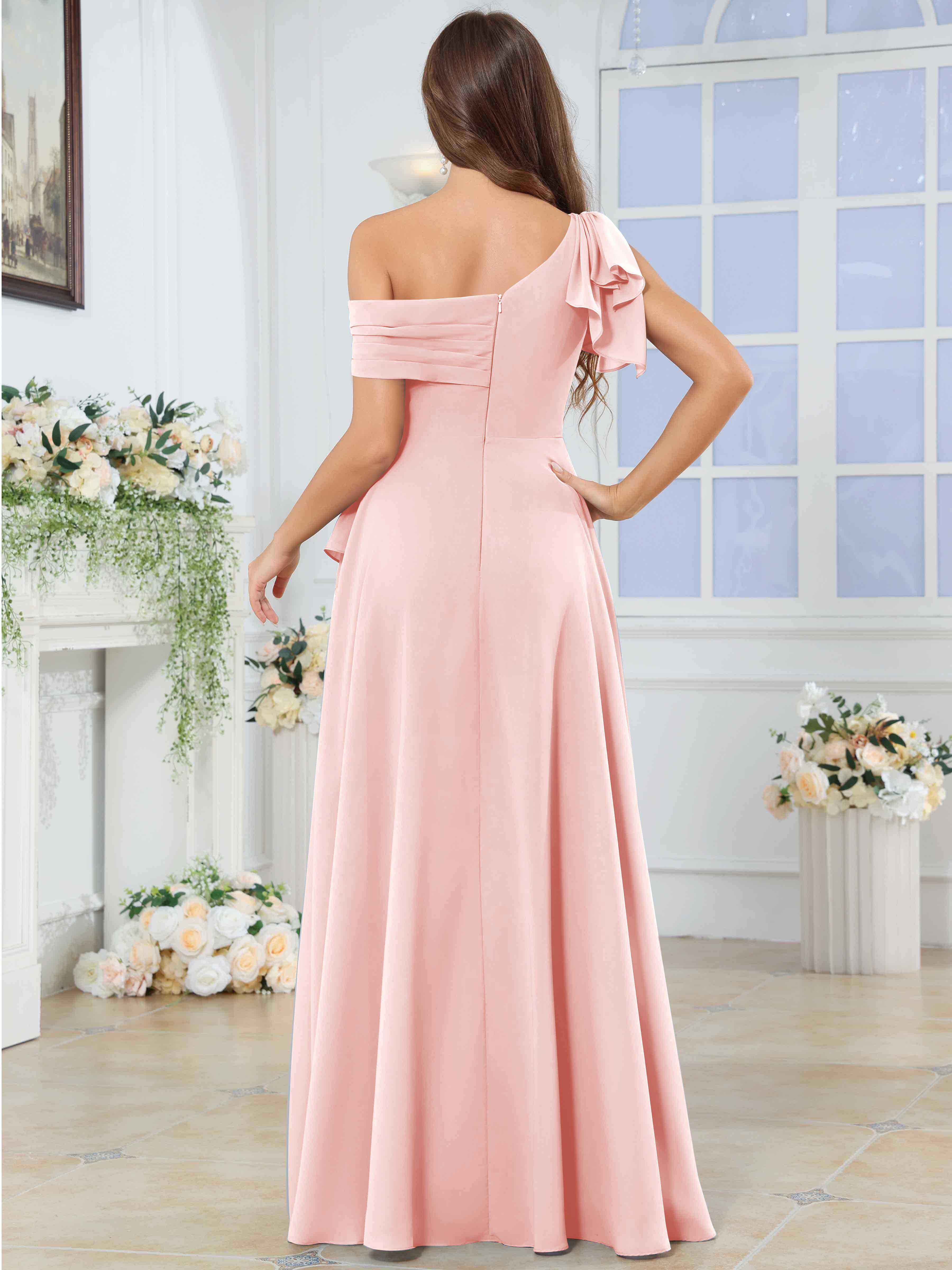 ROVDESY One Shoulder Pleated Ruffle Chiffon Bridesmaid Dress With Slit