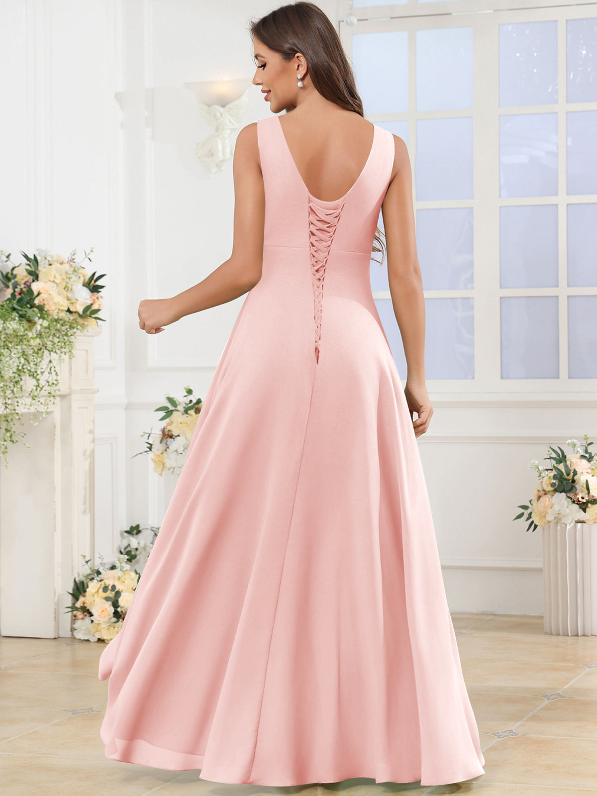 V Neck Chiffon A Line Ruffle Bridesmaid Dress with Slit