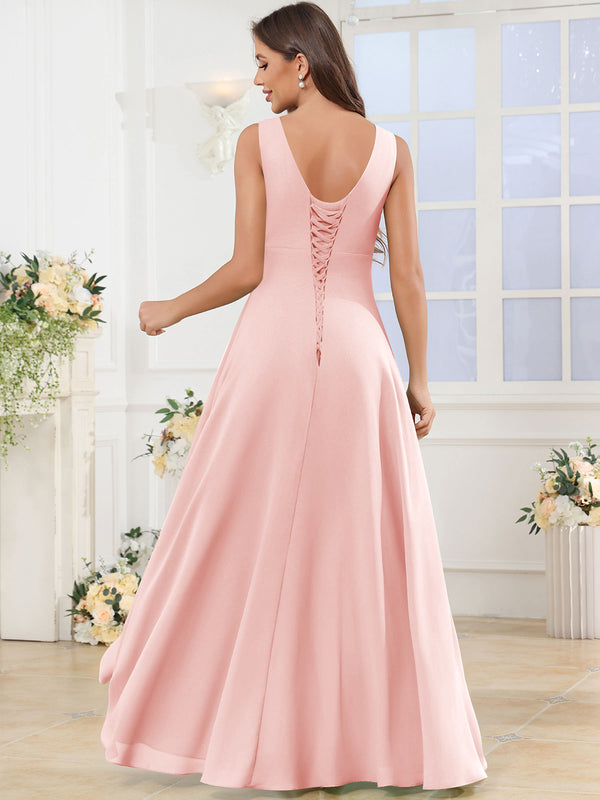 V Neck Chiffon A Line Ruffle Bridesmaid Dress with Slit