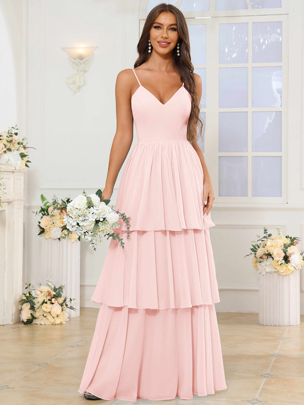 V-Neck Spaghetti Straps Tiered Chiffon Bridesmaid Dress With Ruffles