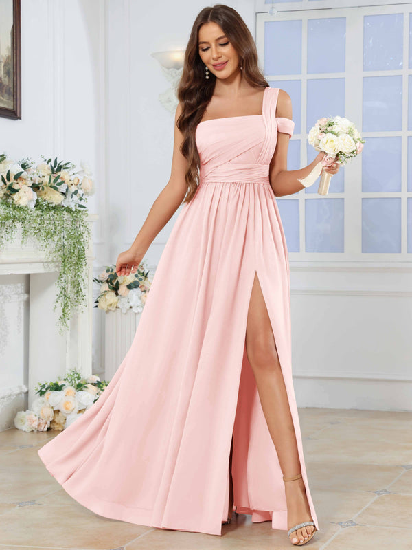 One Shoulder Pleated Chiffon Bridesmaid Dress With Slit