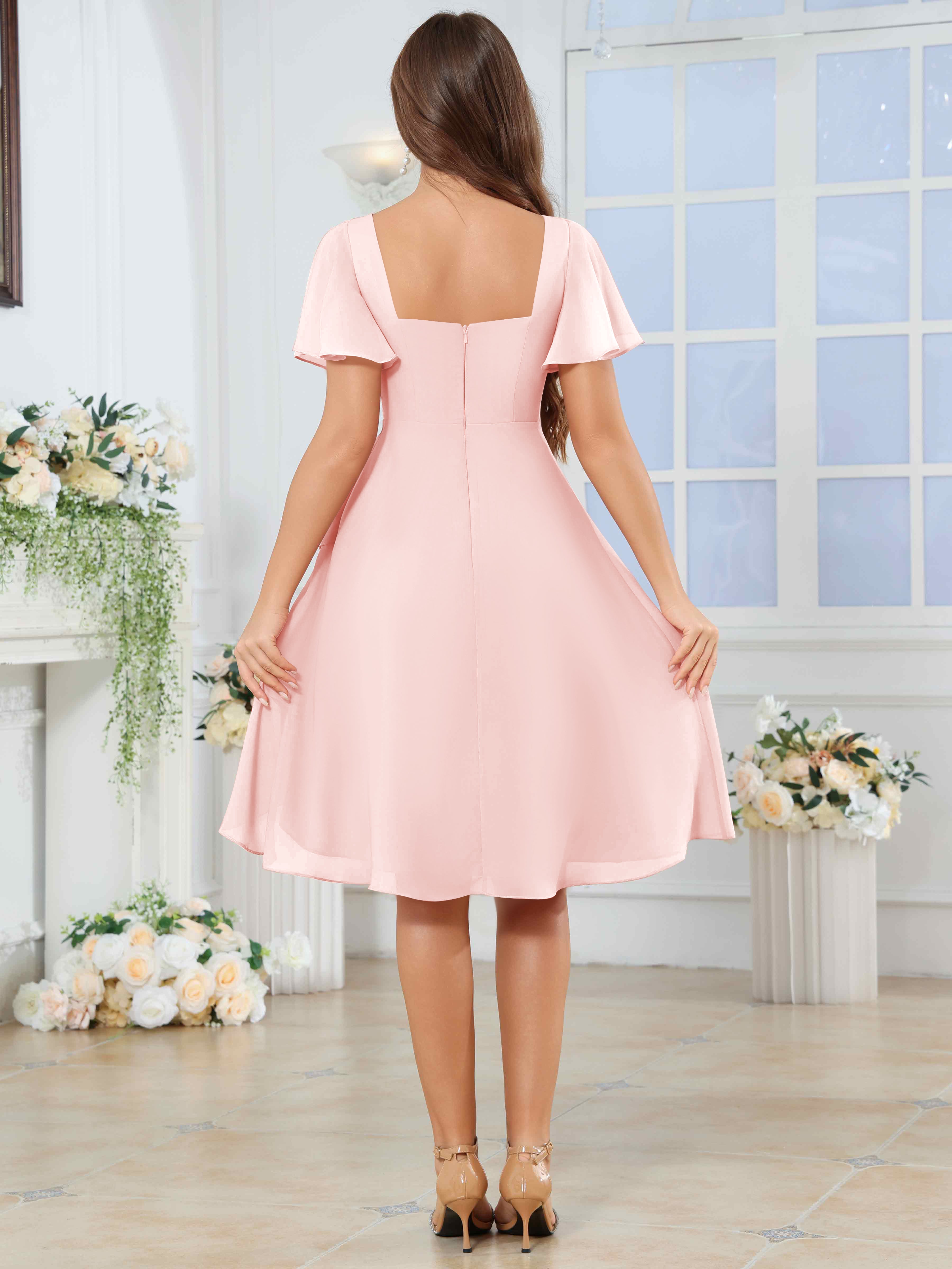 ROVDESY Knee Length V-Neck Pleated Chiffon Bridesmaid Dress With Short Sleeves