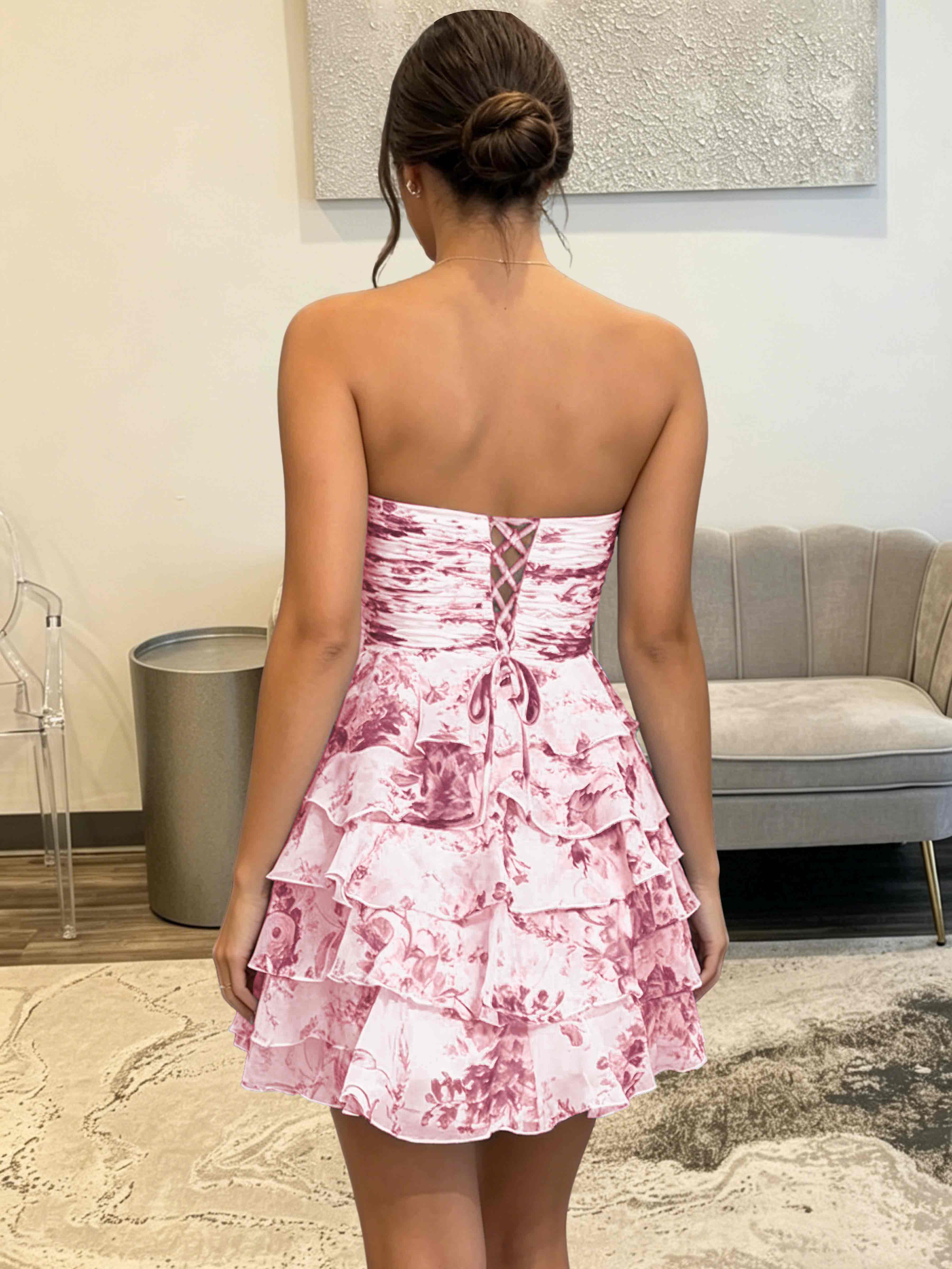 ROVDESY Strapless Tiered Ruffle Floral Print Chiffon Homecoming Mini Dress