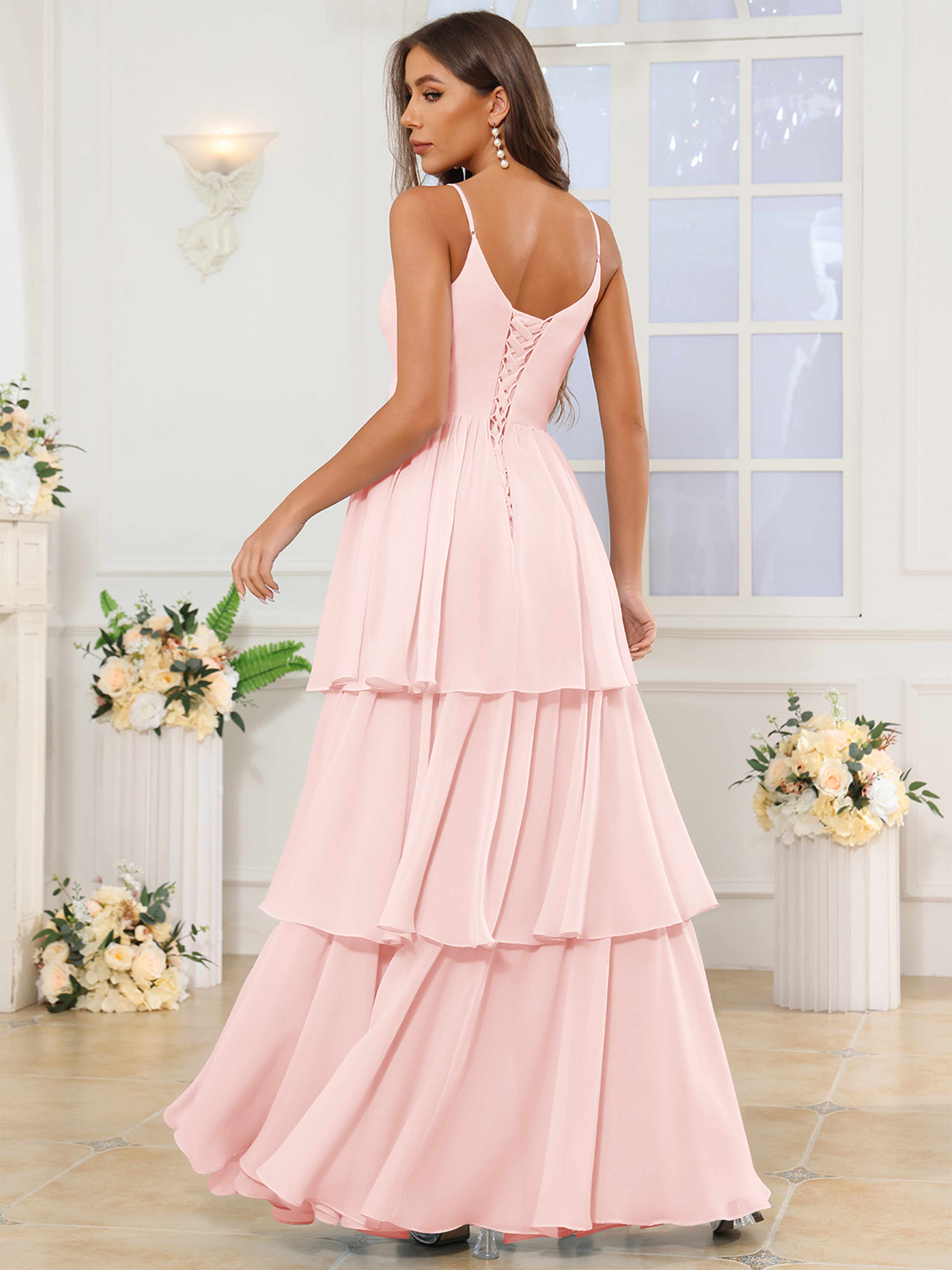 ROVDESY V-Neck Spaghetti Straps Tiered Chiffon Bridesmaid Dress With Ruffles