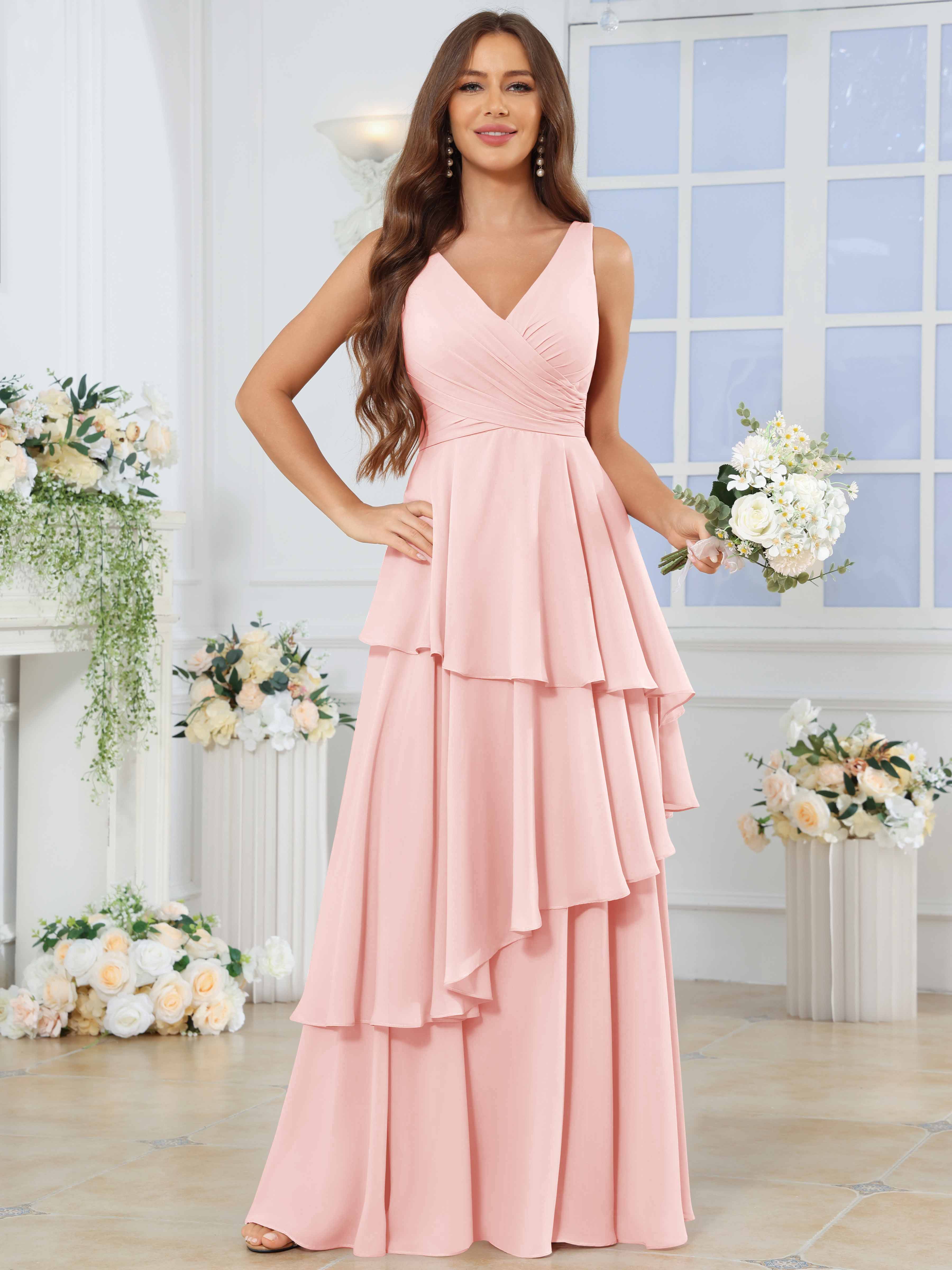 ROVDESY Long Sleeveless V-Neck Tiered Pleated Chiffon Bridesmaid Dress
