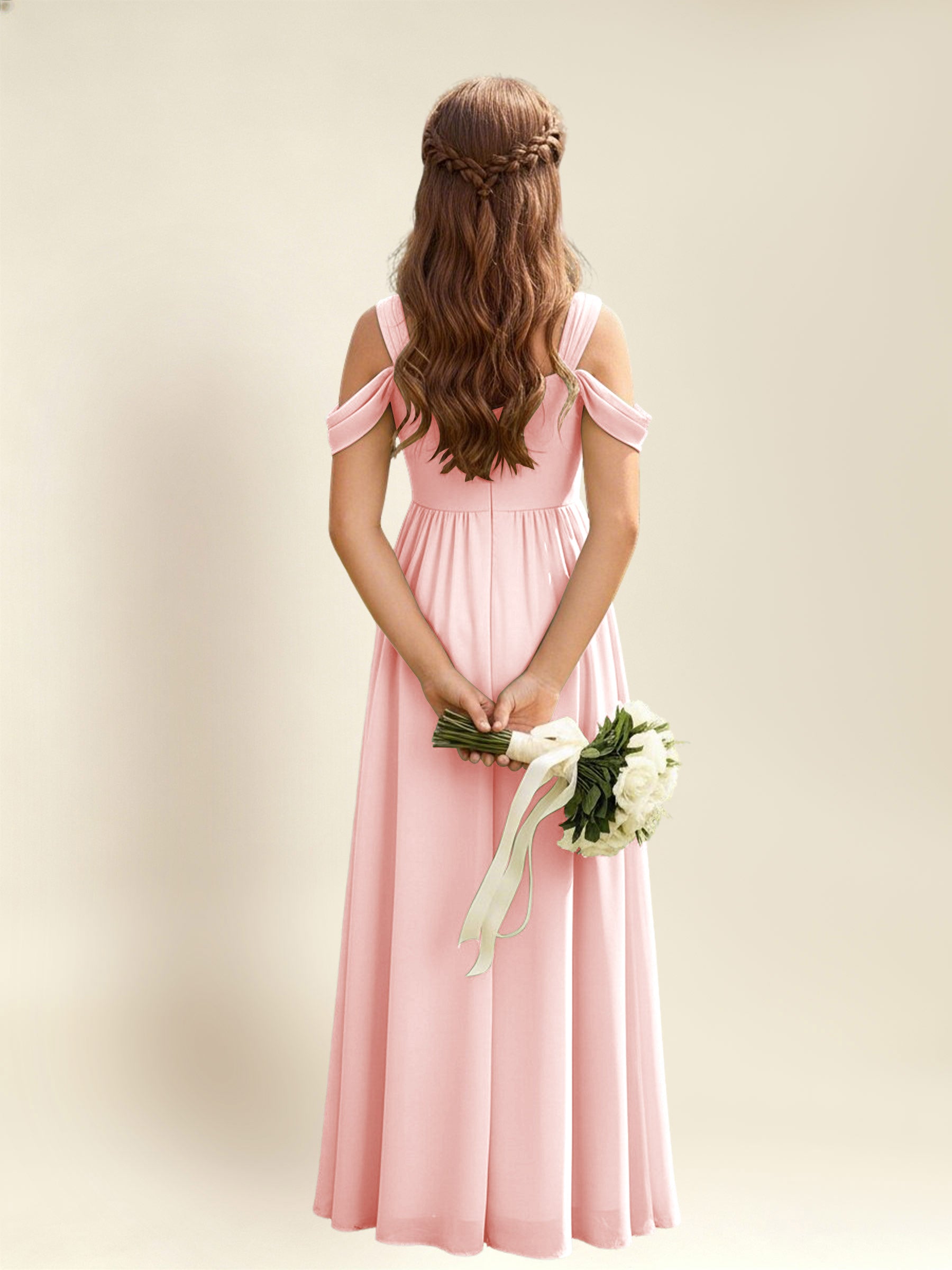 ROVDESY A-Line Off The Shoulder Pleated Chiffon Junior Bridesmaid Dress