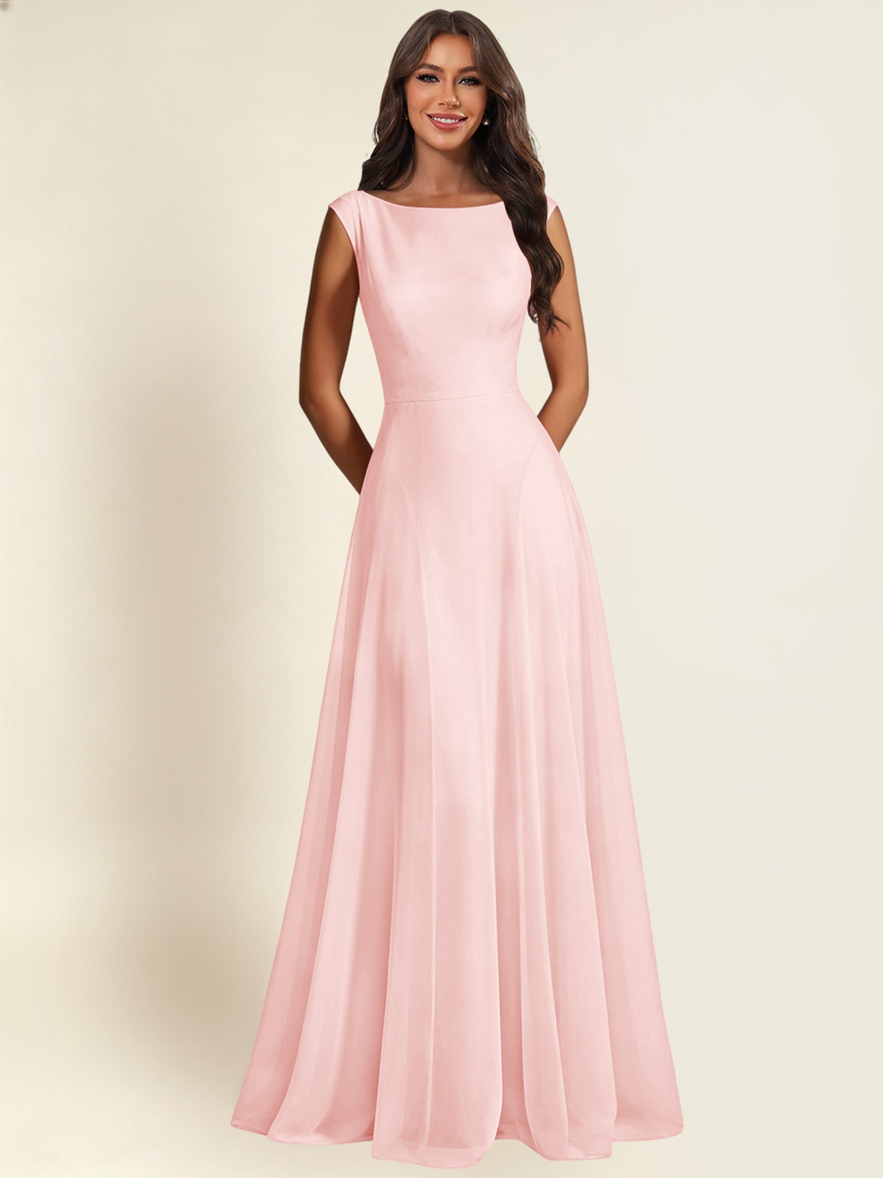 ROVDESY A-Line Chiffon Long Bridesmaid Dress With Sleeveless