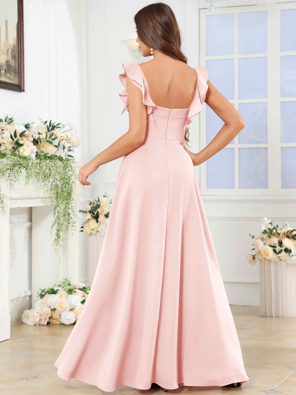 Square Neck Ruffle Chffion Bridesmaid Dress With Slit