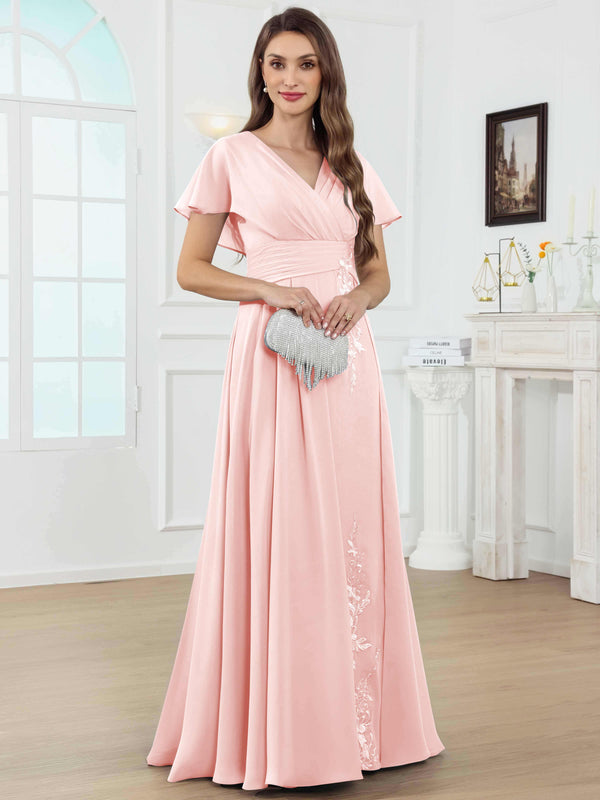 A-Line V-Neck Pleated Lace Chiffon Mother Of The Bride Dress With Short Sleeves