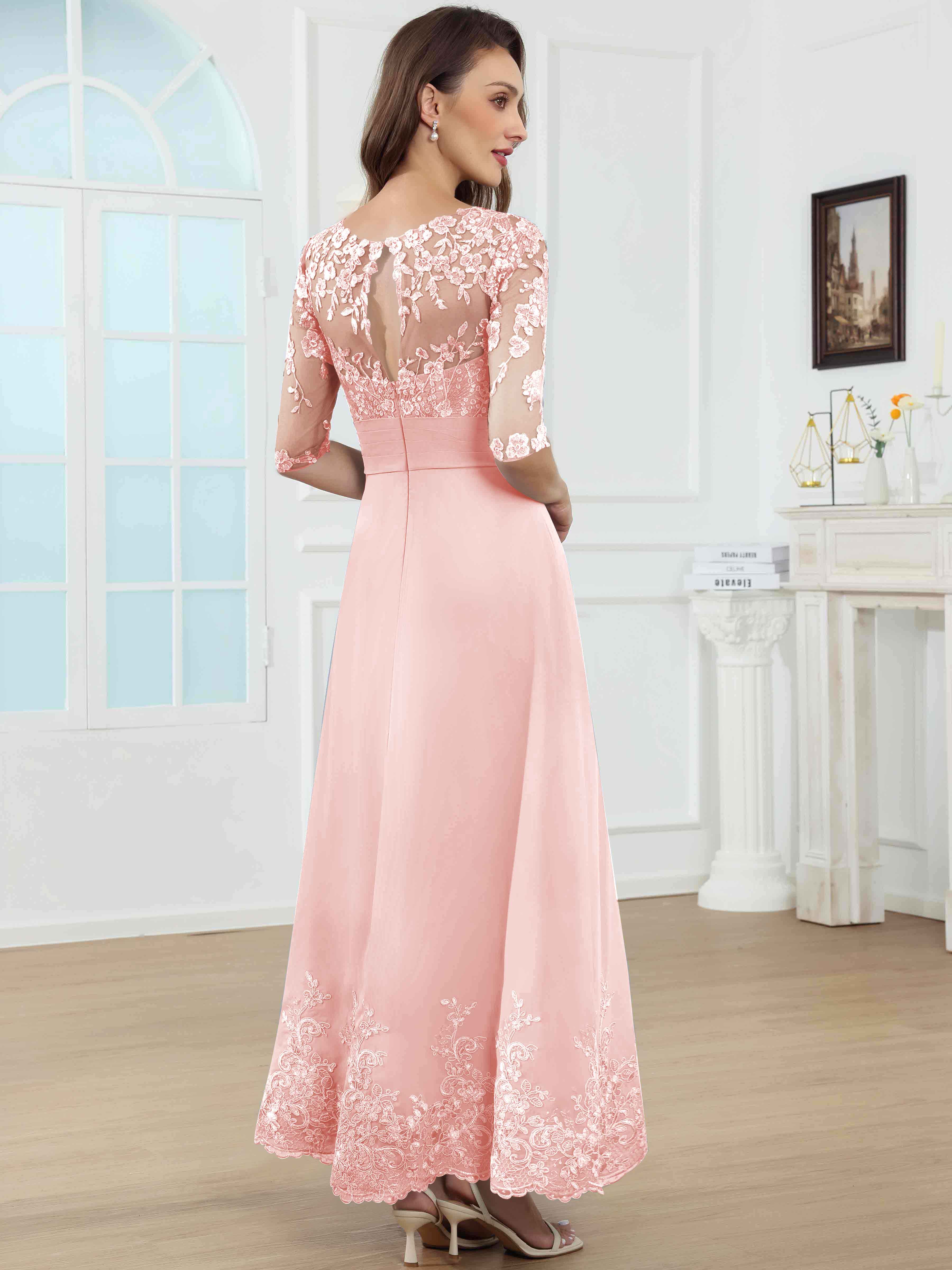 ROVDESY A-Line Lace Sequin Pleated Chiffon Mother Of The Bride Dress With Half Sleeves