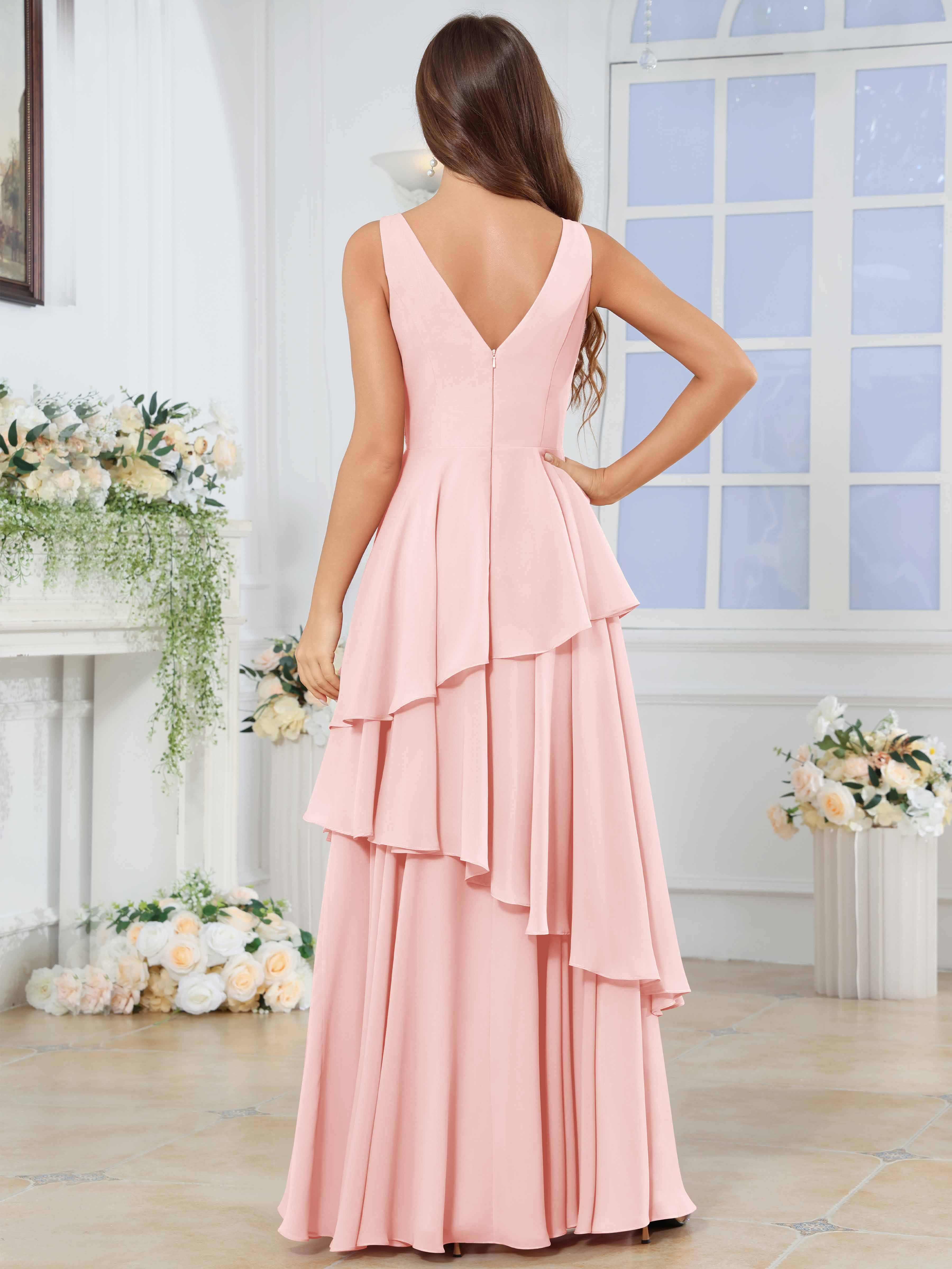ROVDESY Long Sleeveless V-Neck Tiered Pleated Chiffon Bridesmaid Dress