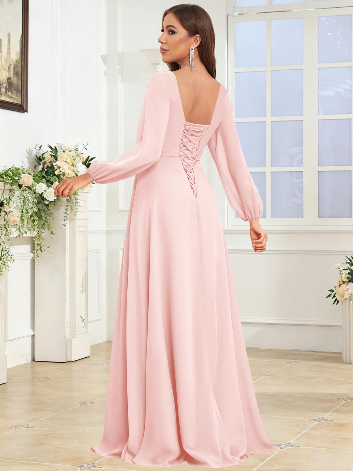 V Neck Chiffon Long Sleeve Bridesmaid Dresses with Slit