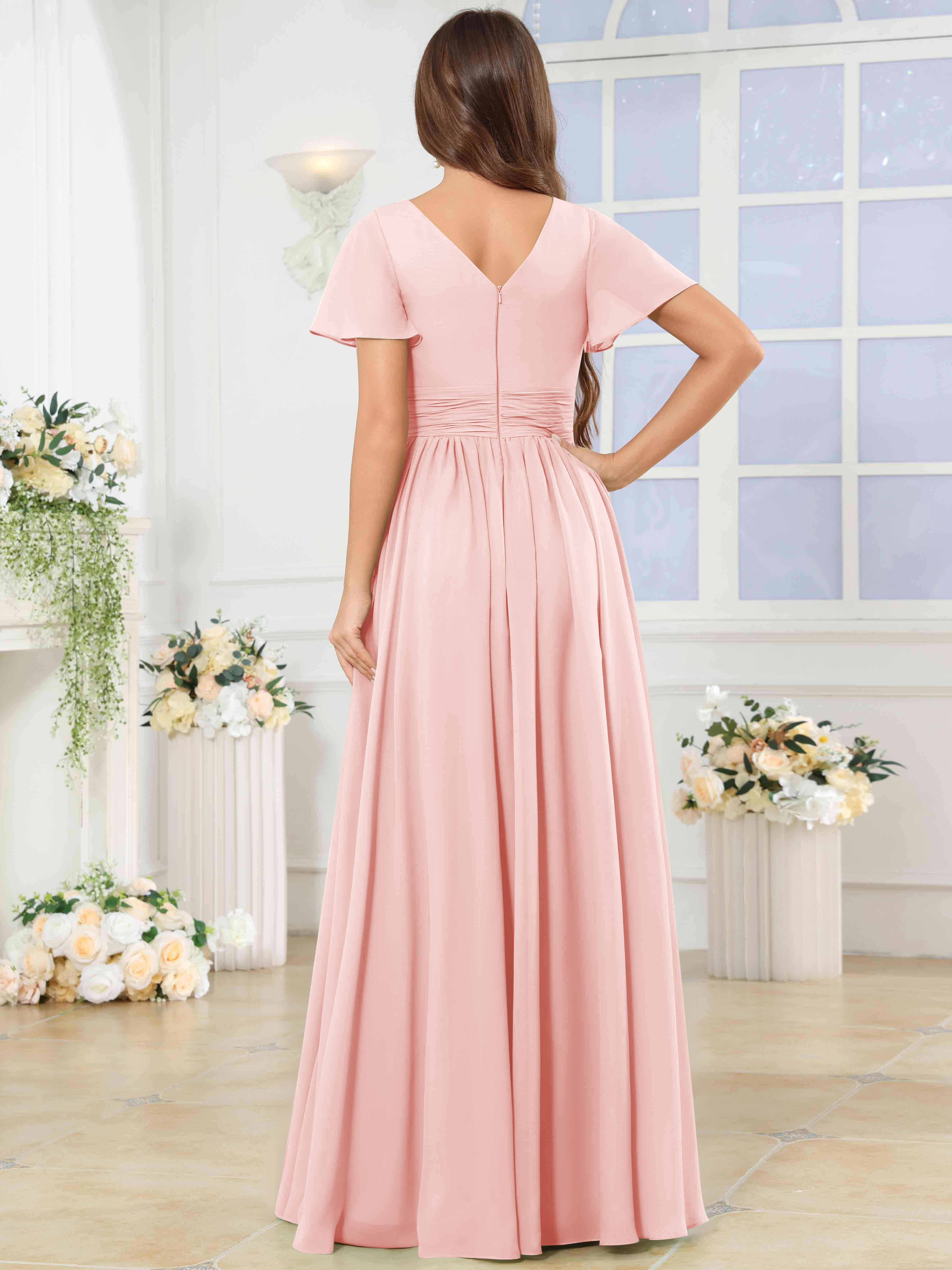 ROVDESY A-Line V-Neck Slit Pleated Ruffle Chiffon Bridesmaid Dress With Short Sleeves