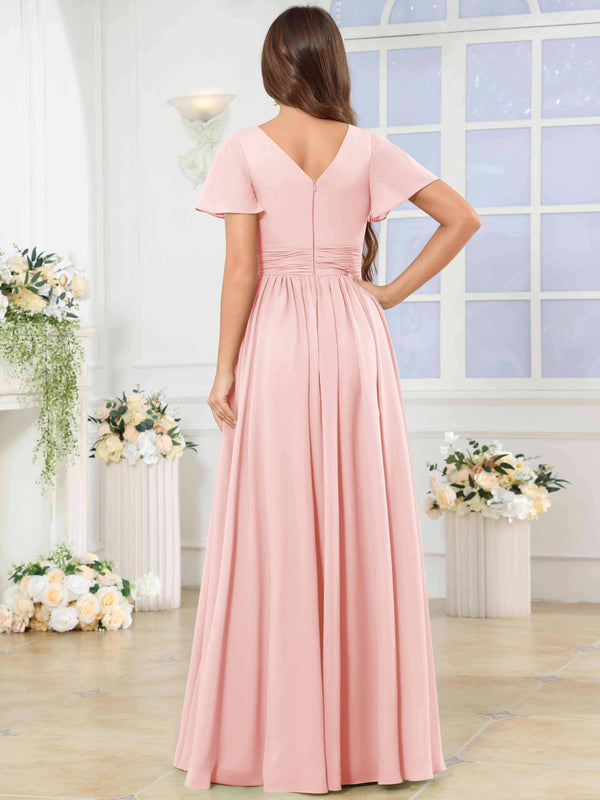 A-Line V-Neck Slit Pleated Ruffle Chiffon Bridesmaid Dress With Short Sleeves