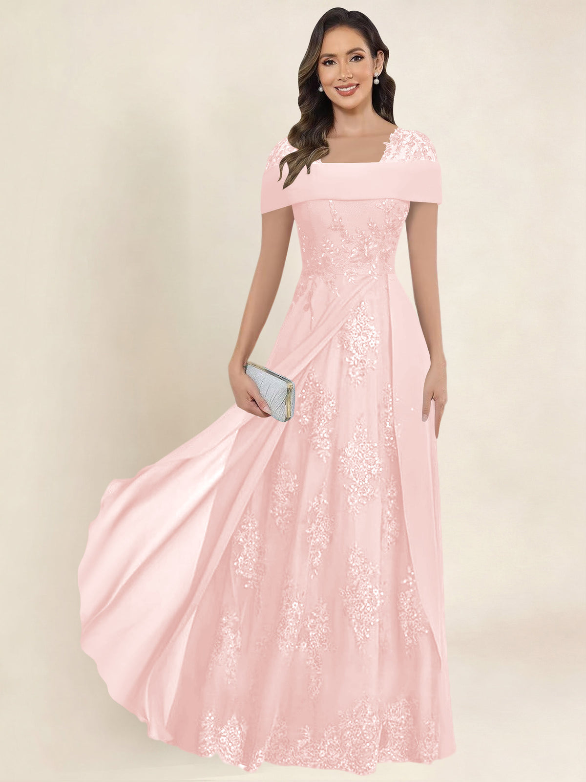 ROVDESY A-Line Off The Shoulder Lace Chiffon Long Mother of the Bride Dress Formal Gown