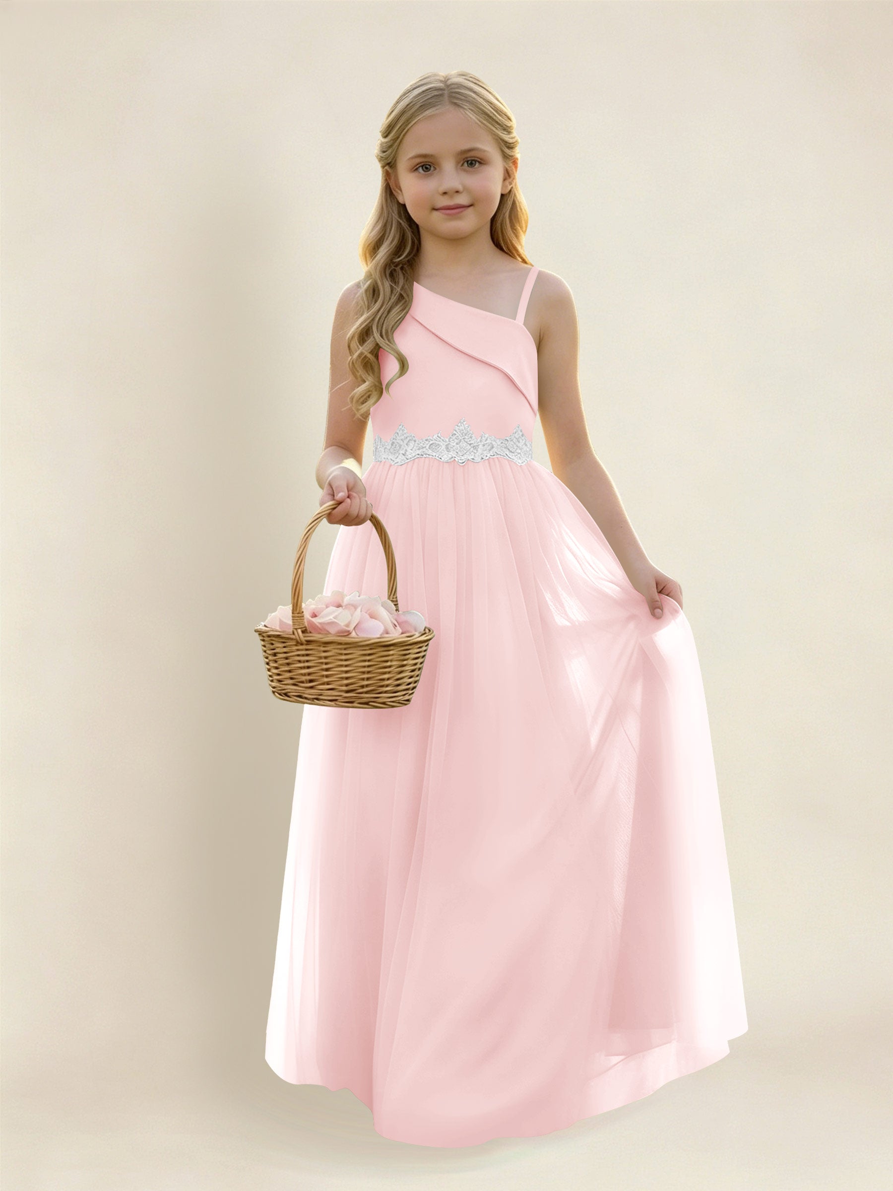 ROVDESY Asymmetric One Shoulder  Satin  Tulle Junior Bridesmaid Dress