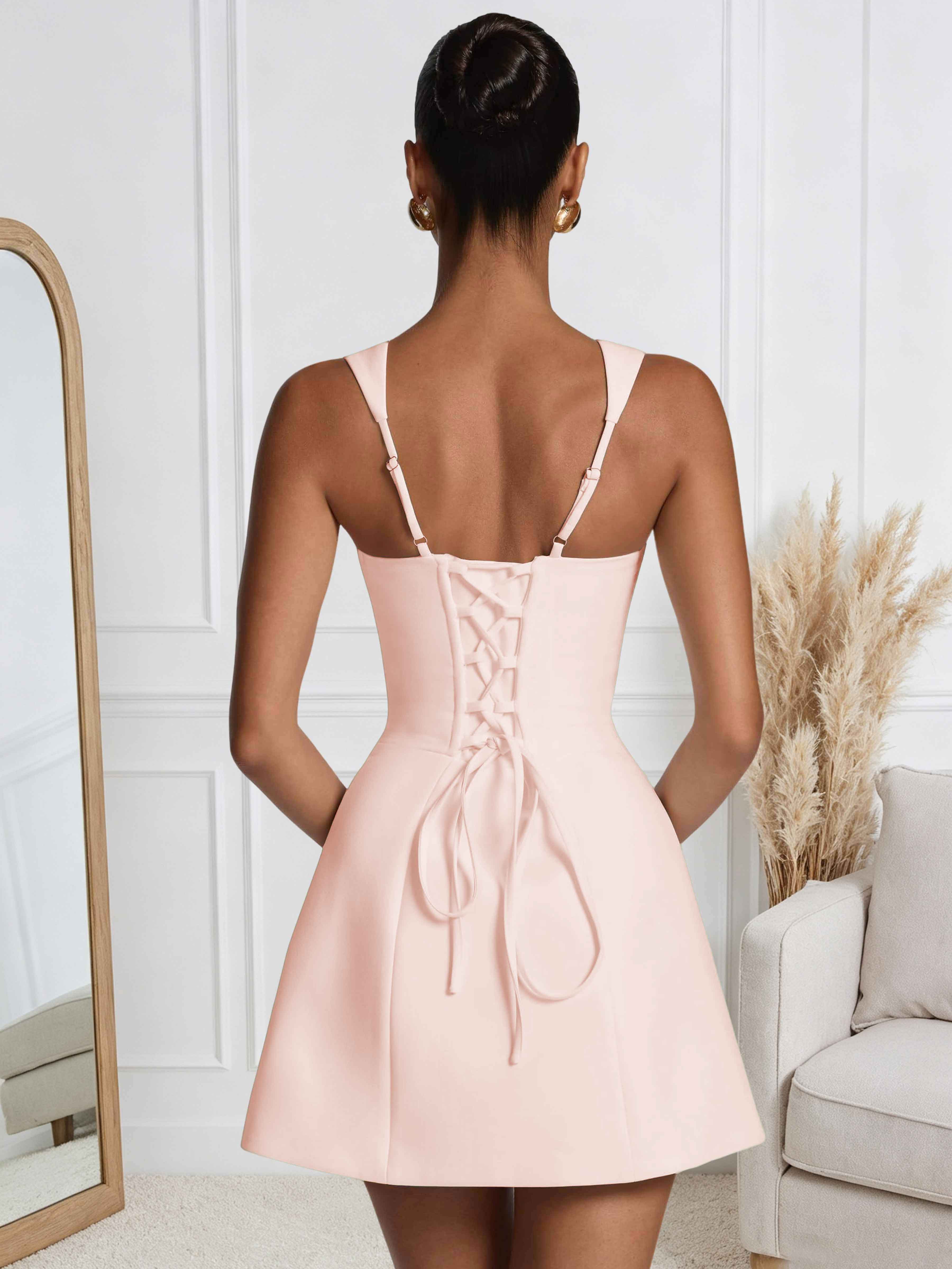 ROVDESY A-Line Square Neck Satin Homecoming Mini Dress