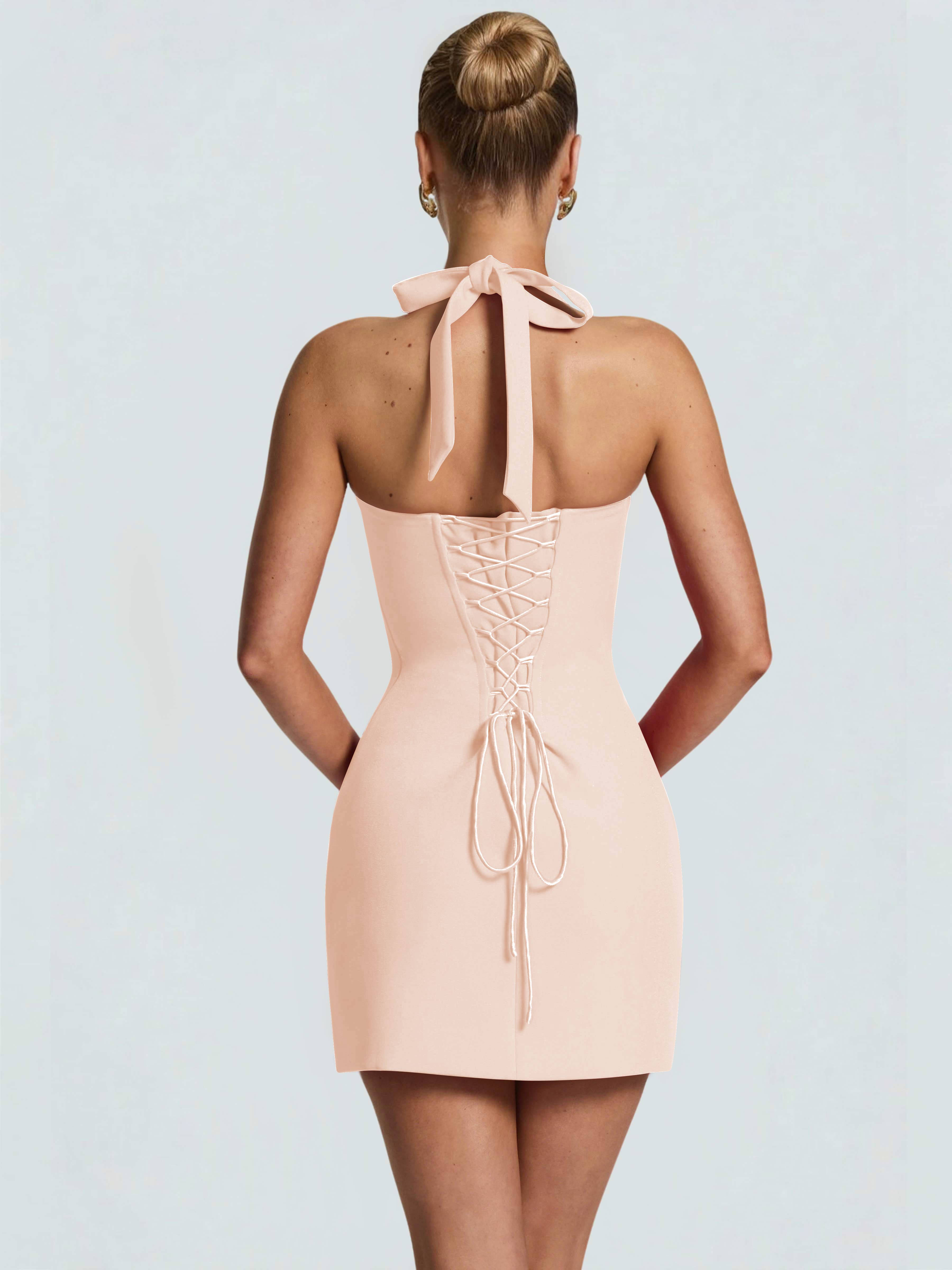 ROVDESY Halter Lace Satin Tight Homecoming Mini Dress