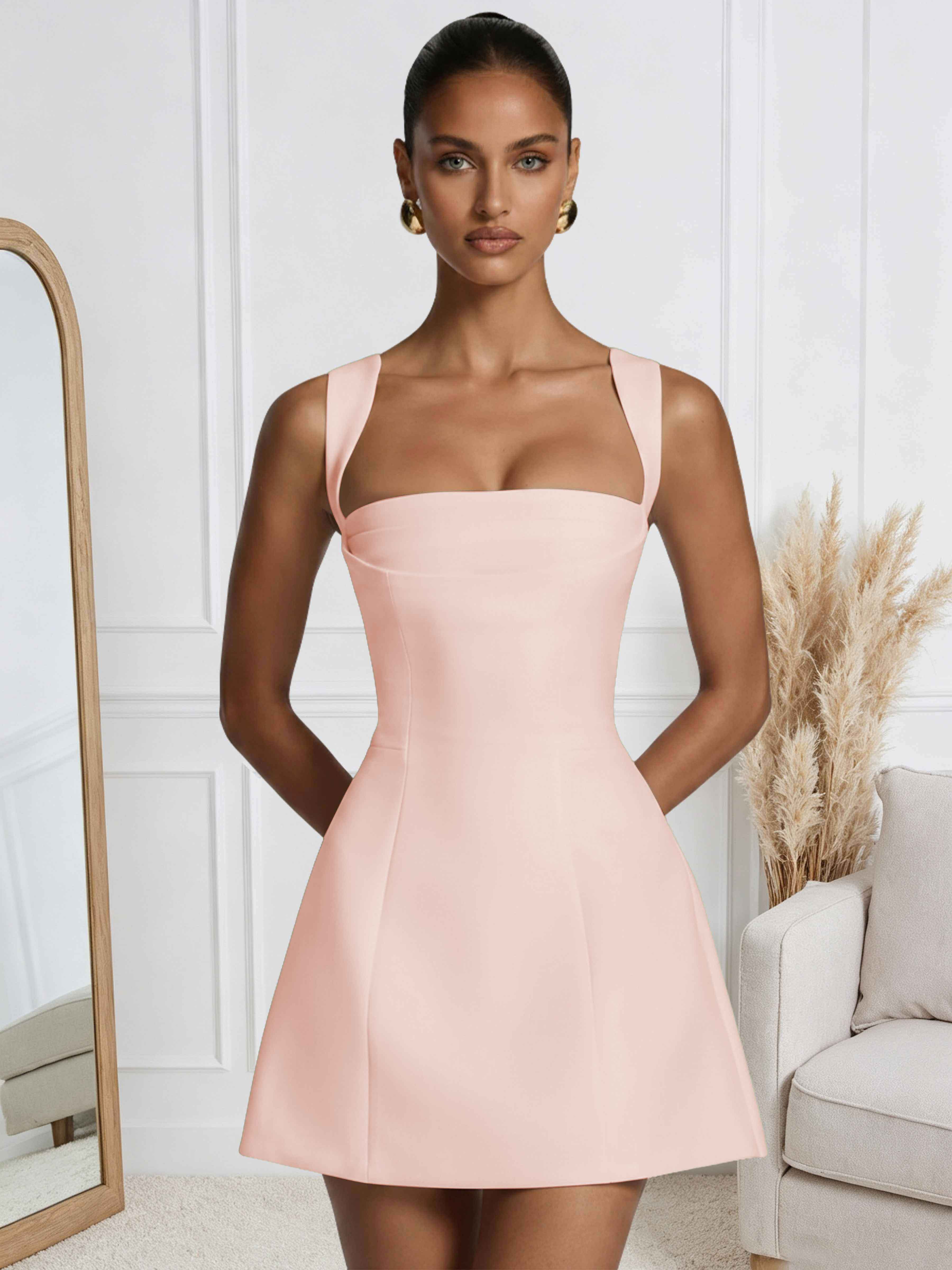 ROVDESY A-Line Square Neck Satin Homecoming Mini Dress