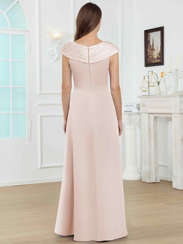 V-Neck Off The Shoulder Pleated Satin Mother Of The Bride Dress With Slit