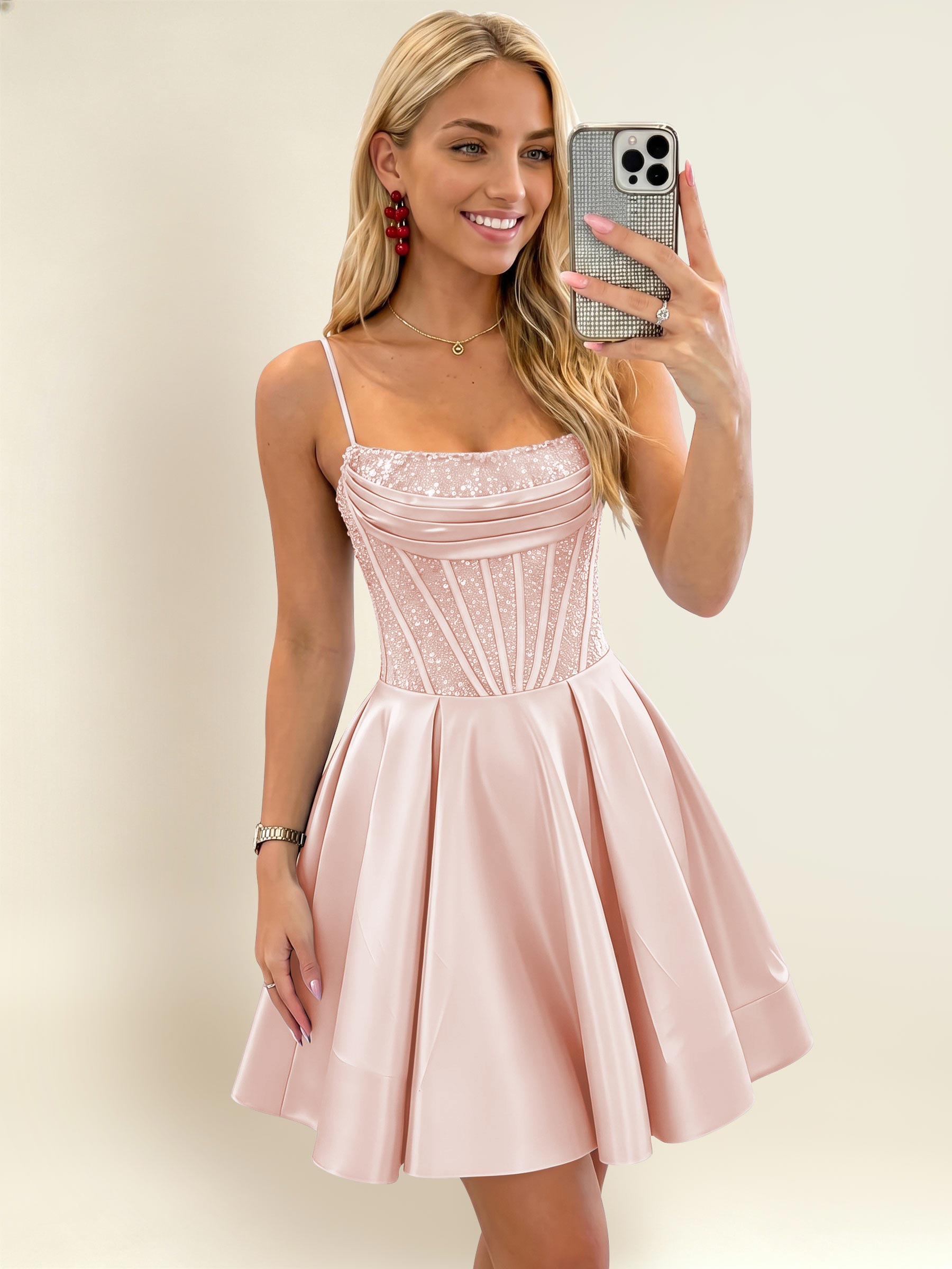 ROVDESY A-Line Spaghetti Strap Sequin Corset Satin Homecoming Mini Dress