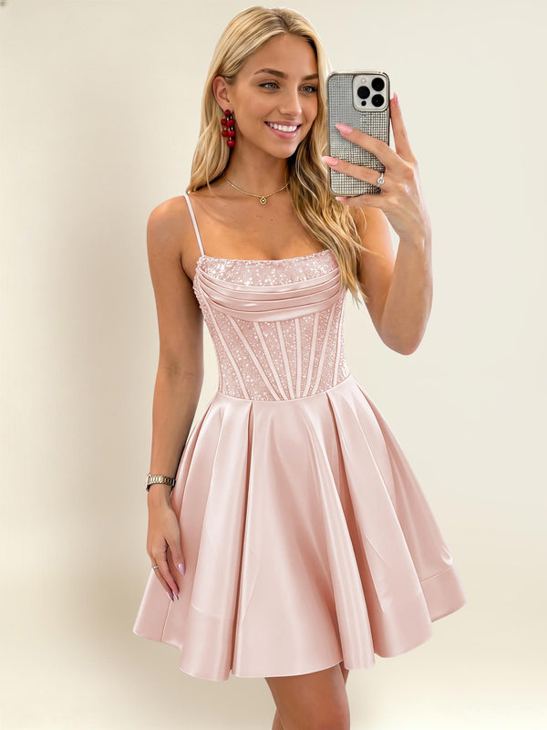 A-Line Spaghetti Strap Sequin Corset Satin Homecoming Mini Dress