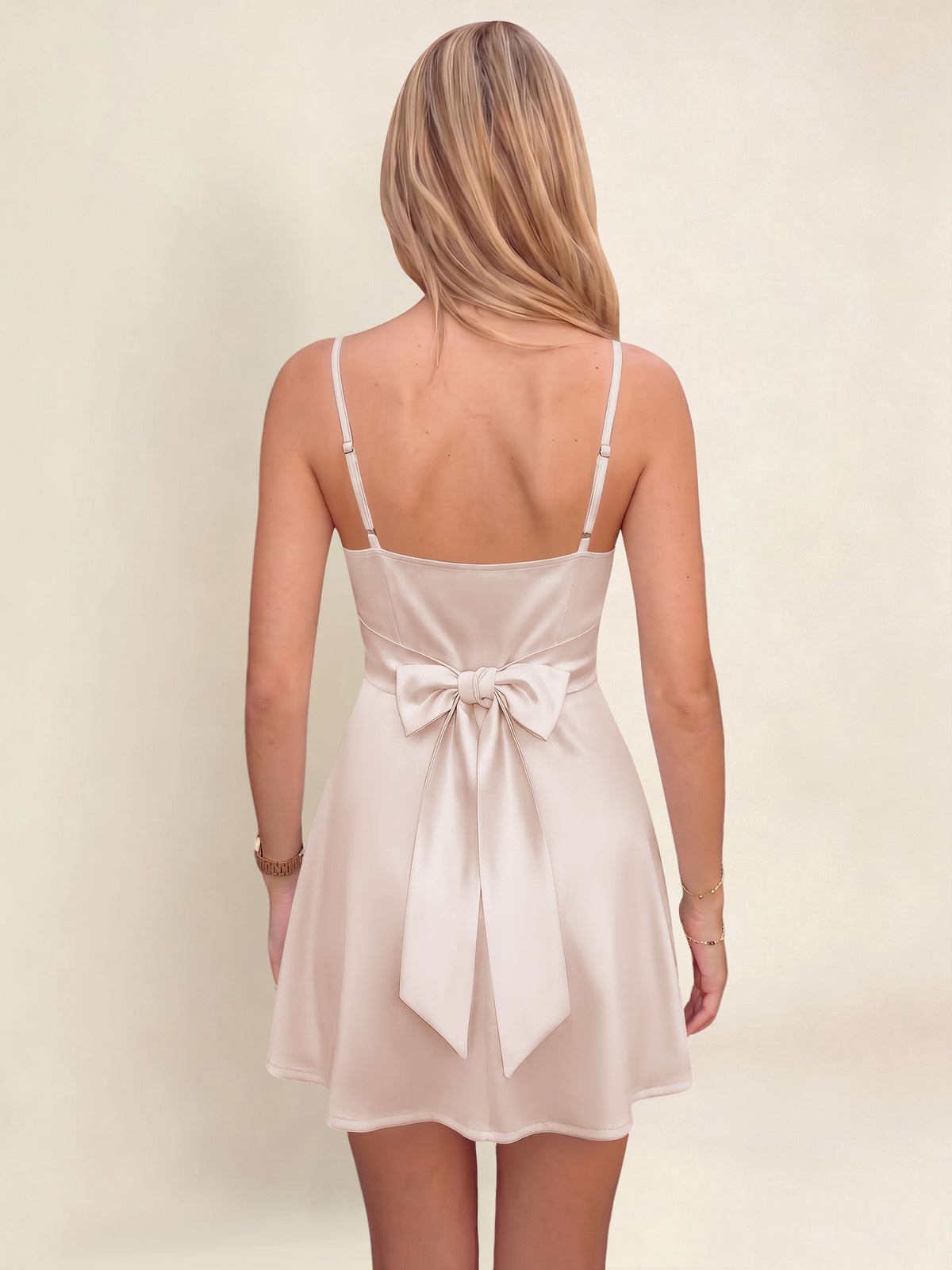 ROVDESY A-Line Spaghetti Strap Cowl Neck Satin Mini Homecoming Dress With Bow