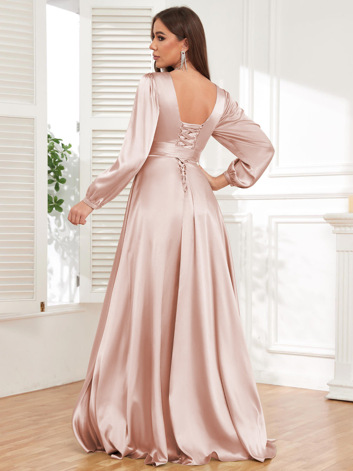 V Neck Satin Long Sleeve Bridesmaid Dress with Slit