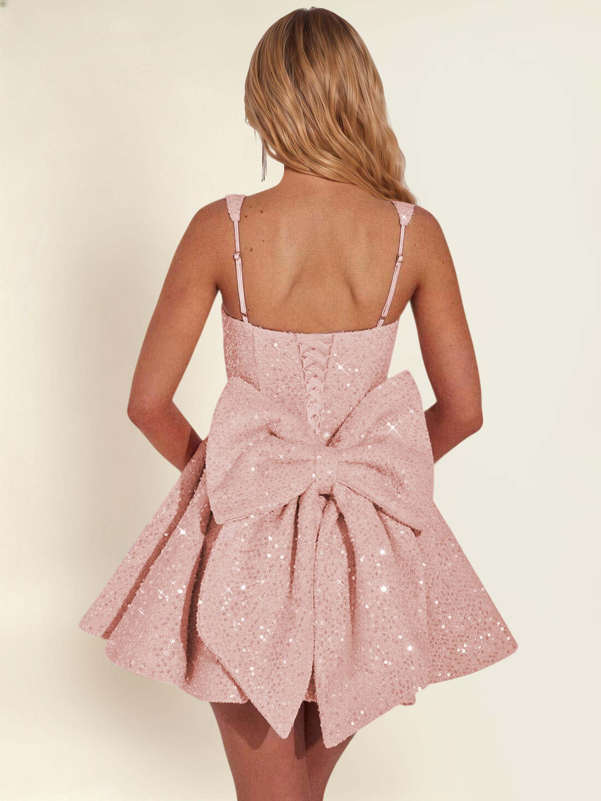 ROVDESY Sparkly Sequin A-Line Square Neck Homecoming Mini Dress With Big Bow