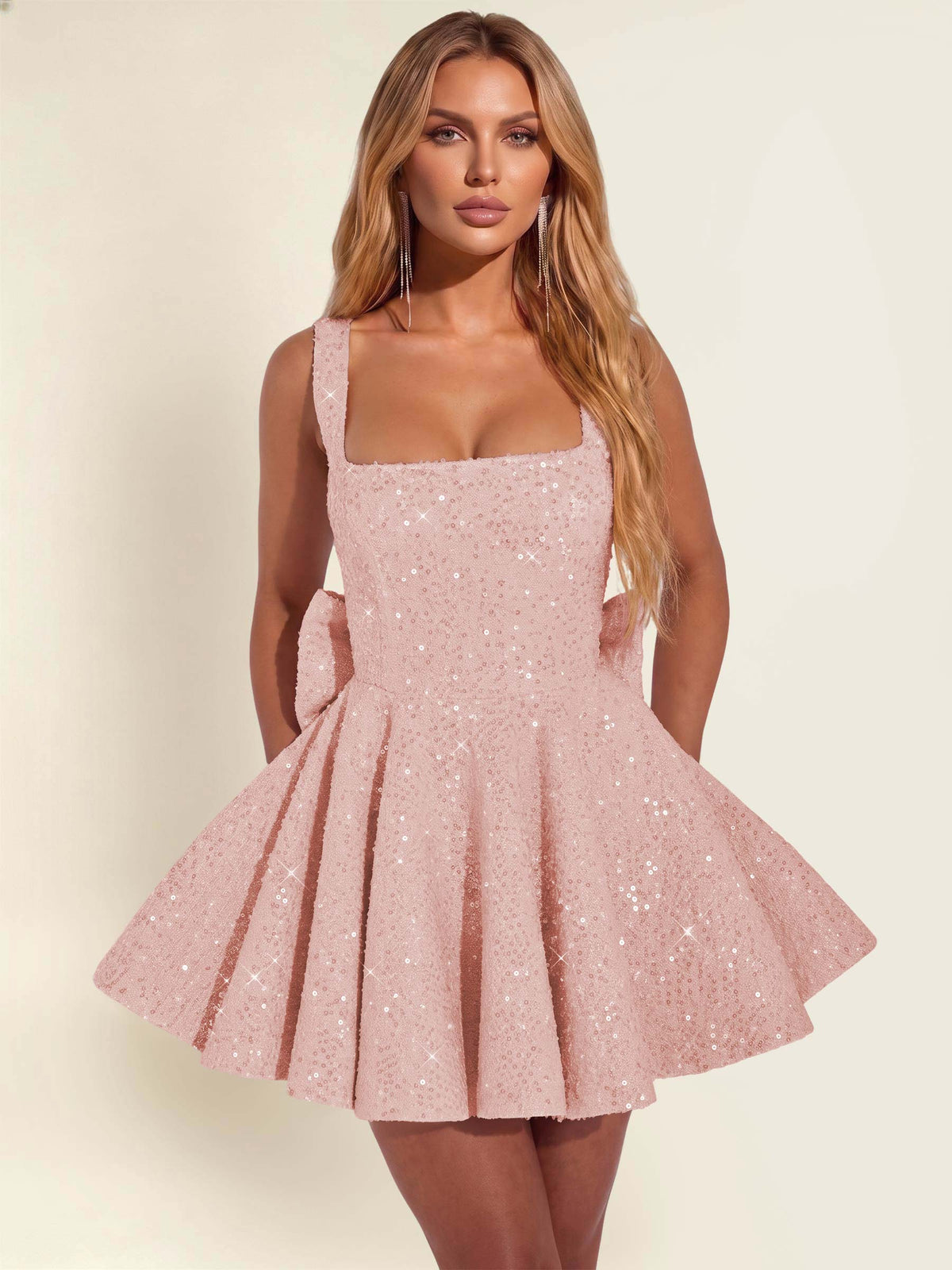 ROVDESY Sparkly Sequin A-Line Square Neck Homecoming Mini Dress With Big Bow