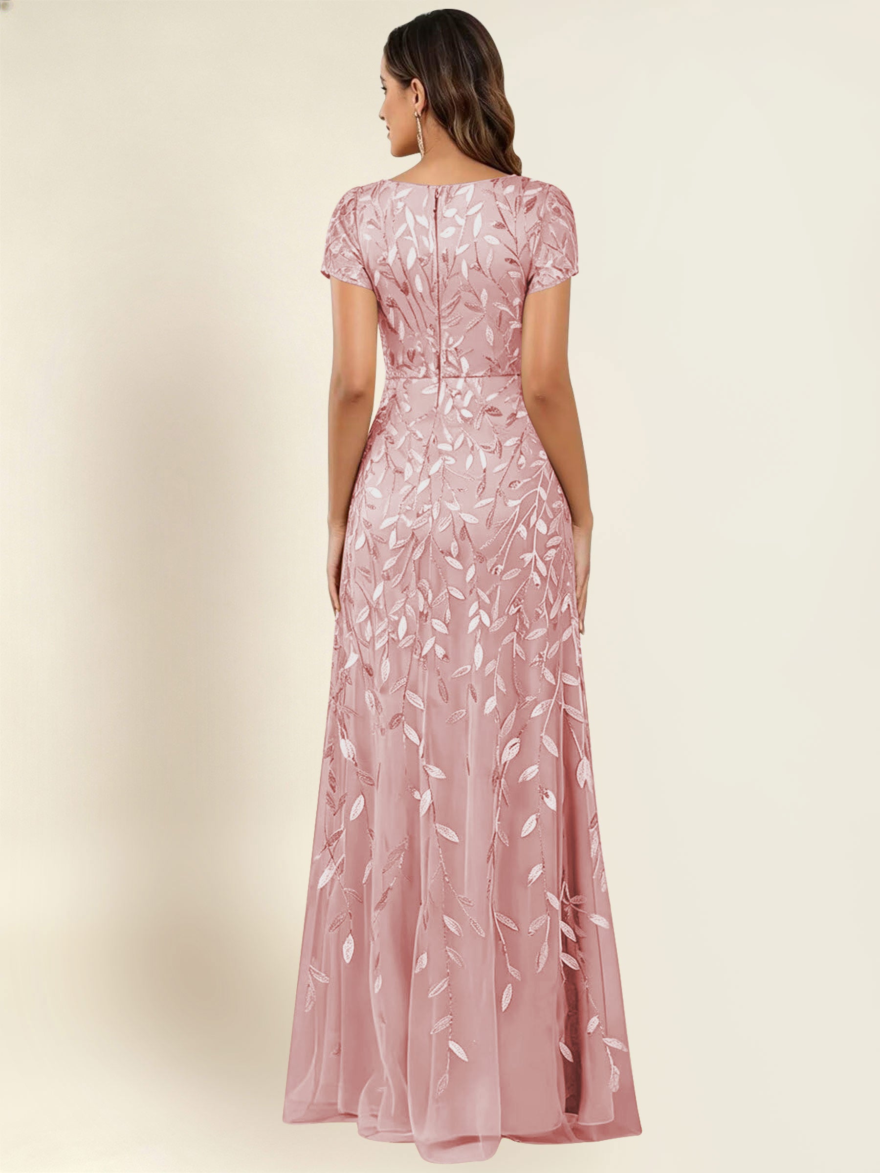 ROVDESY Sequin Mermaid Long Mother Of The Bride Dress With Short Sleeves Formal Gown