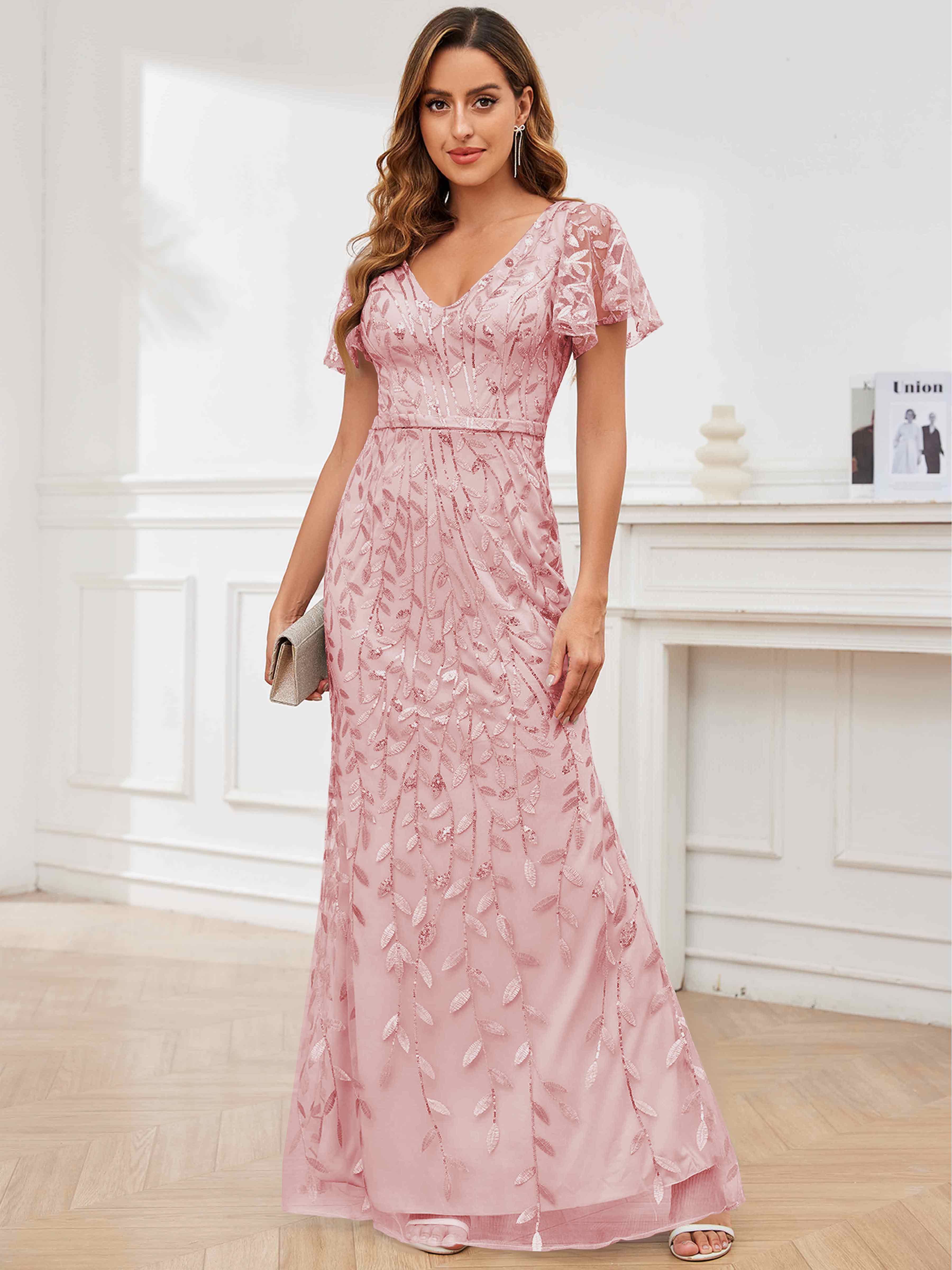 ROVDESY V-Neck Mermaid Sequin Mother Of The Bride Dress With Short Sleeves