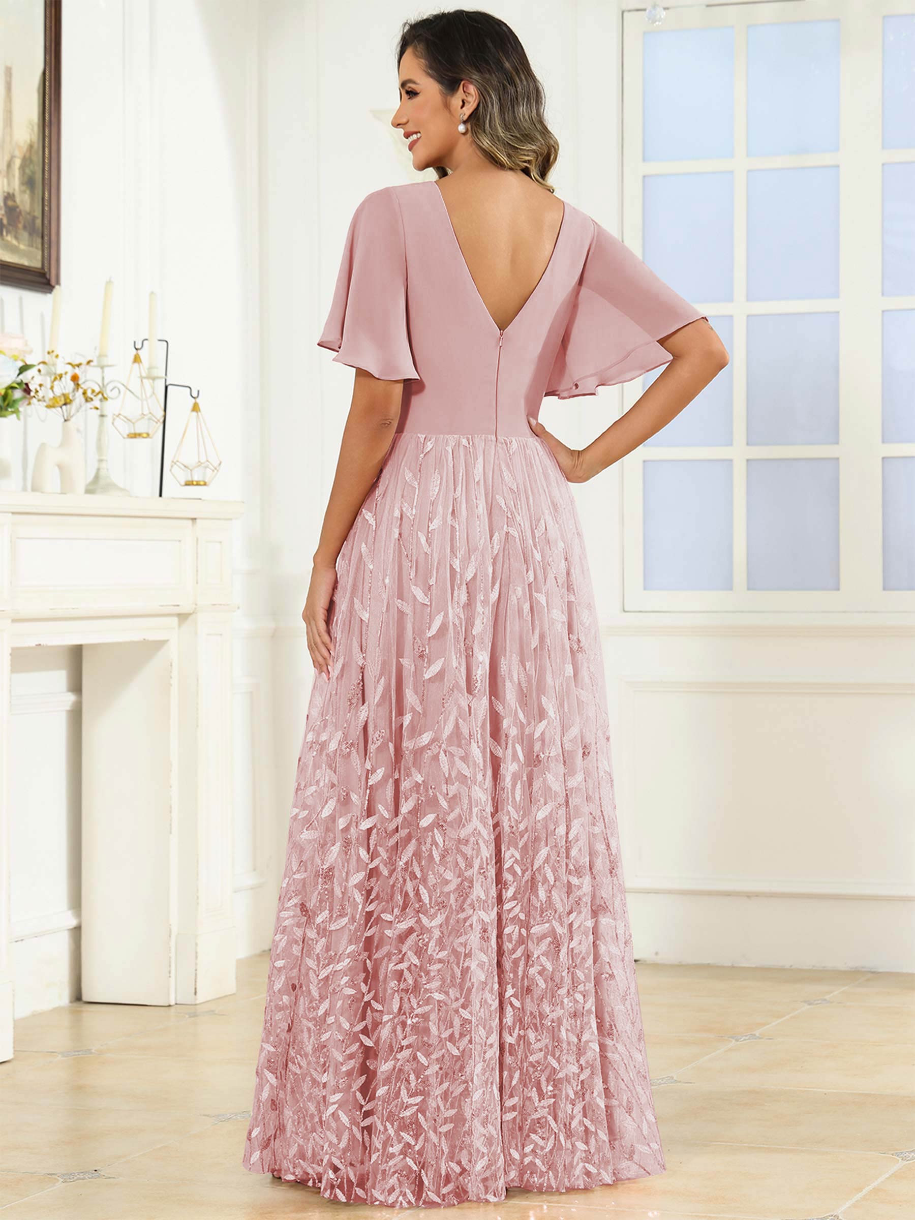 ROVDESY A-Line V-Neck Chiffon Sequin Mother Of The Bride Dress With Short Sleeves