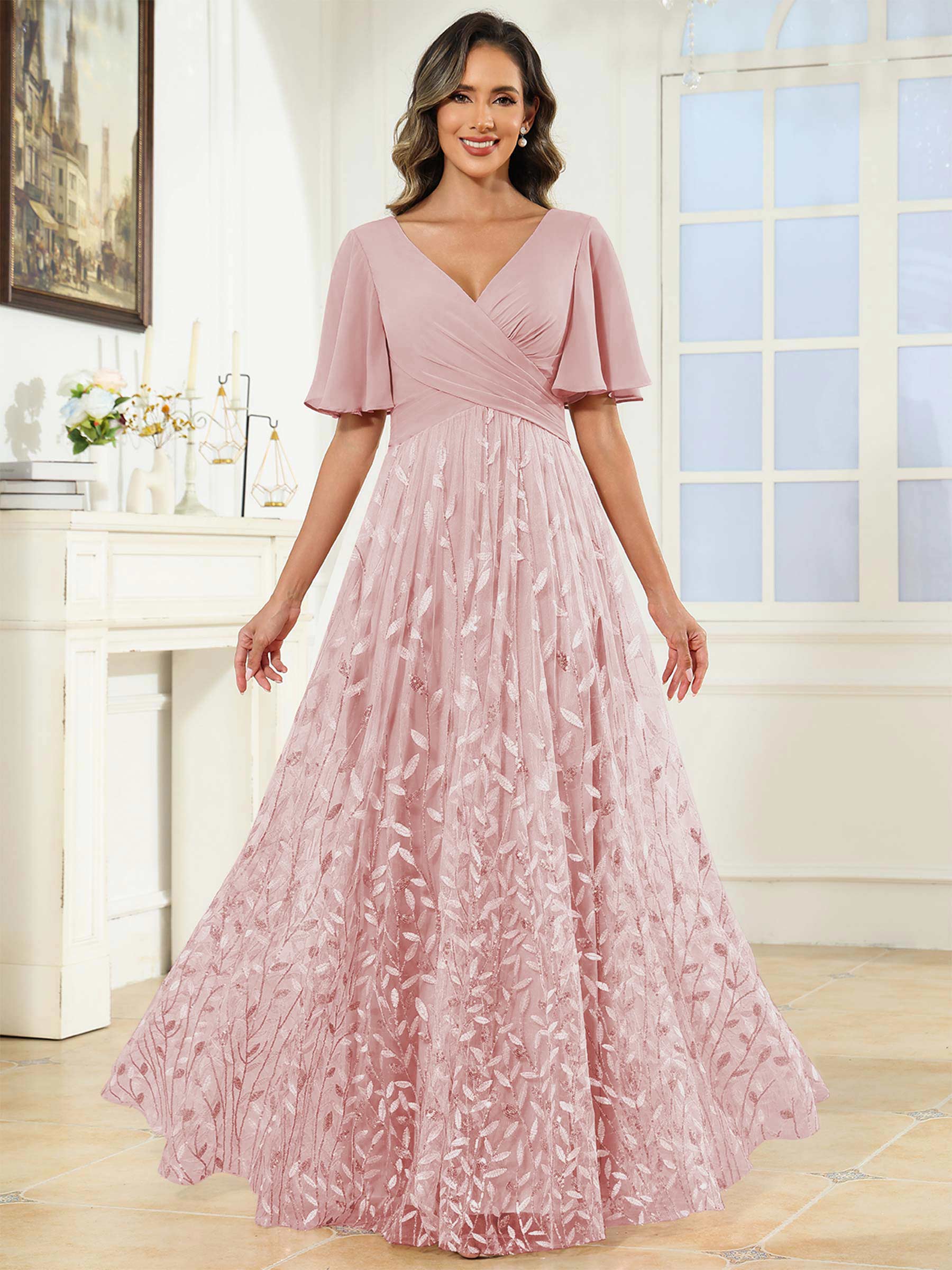 ROVDESY A-Line V-Neck Chiffon Sequin Mother Of The Bride Dress With Short Sleeves