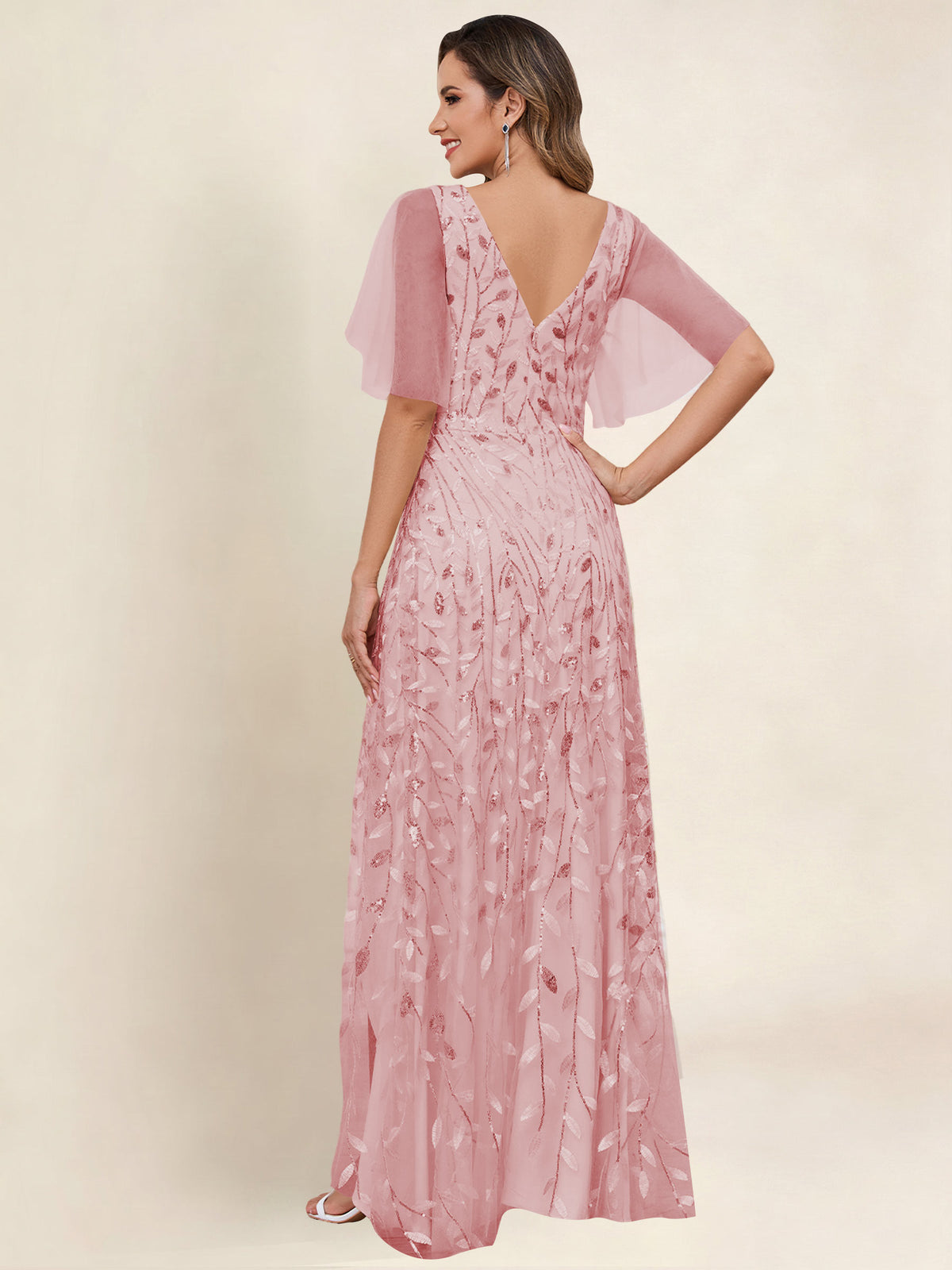 V Neck Sequin Tulle A Line Mother of the Bride Dress with Sleeves