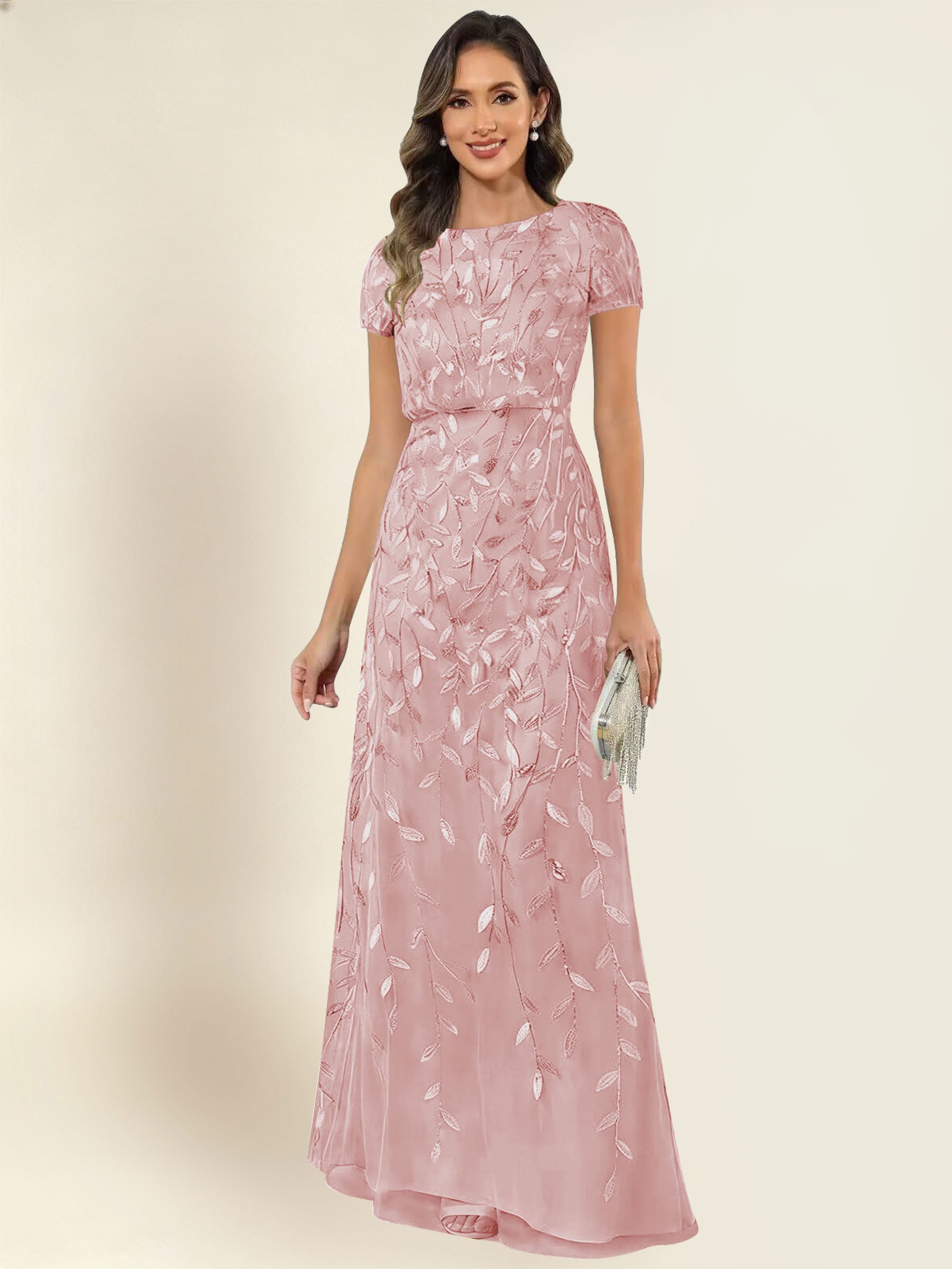 ROVDESY Sequin Mermaid Long Mother Of The Bride Dress With Short Sleeves Formal Gown