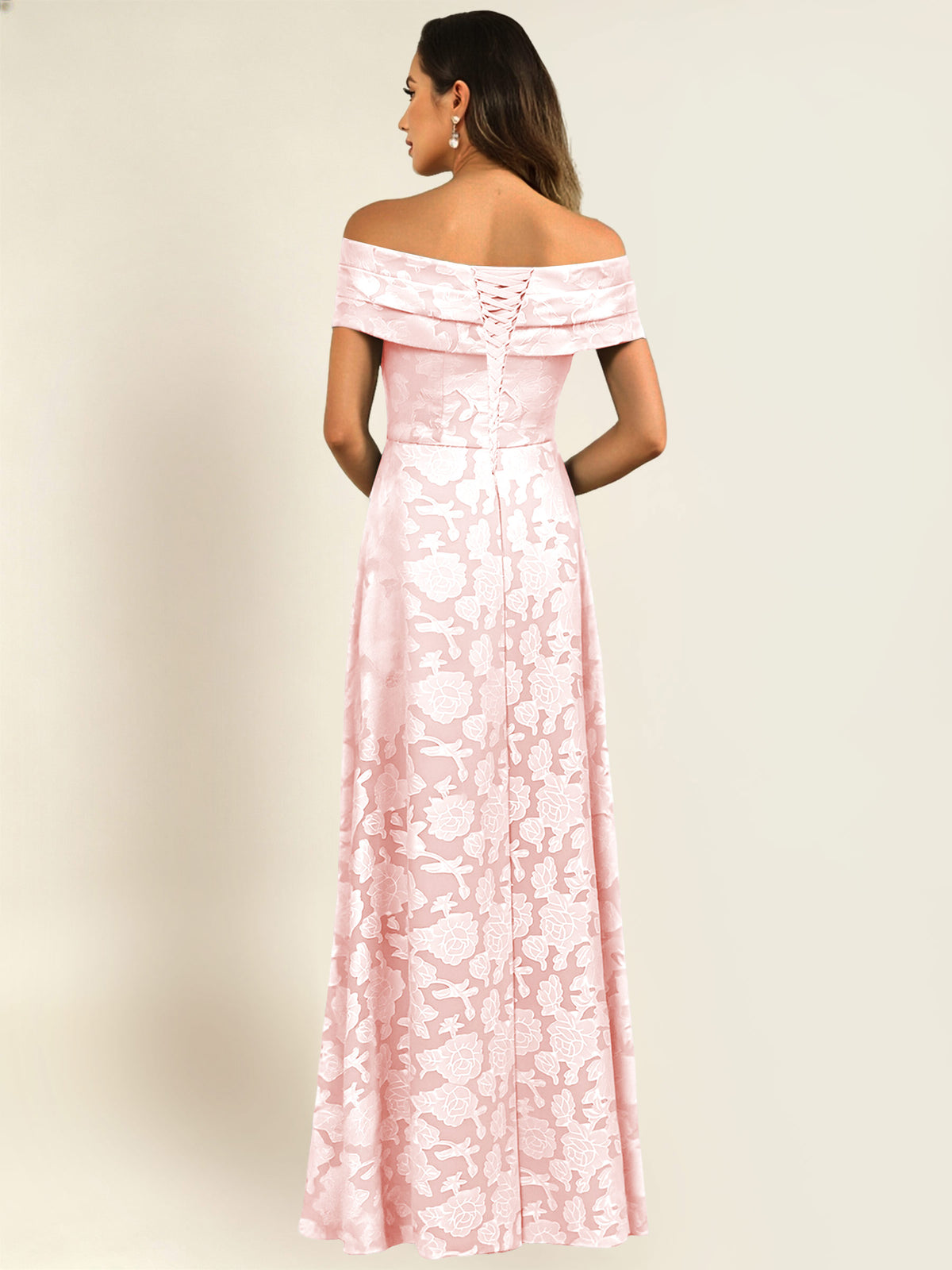 ROVDESY Off the Shoulder Floral Jacquard A-Line Long Mother of the Bride Dress