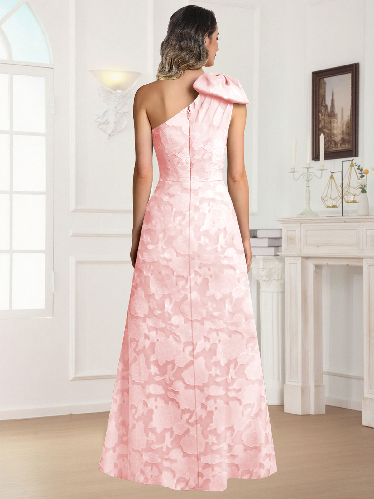One Shoulder Floral Jacquard Mother of the Bride Dress