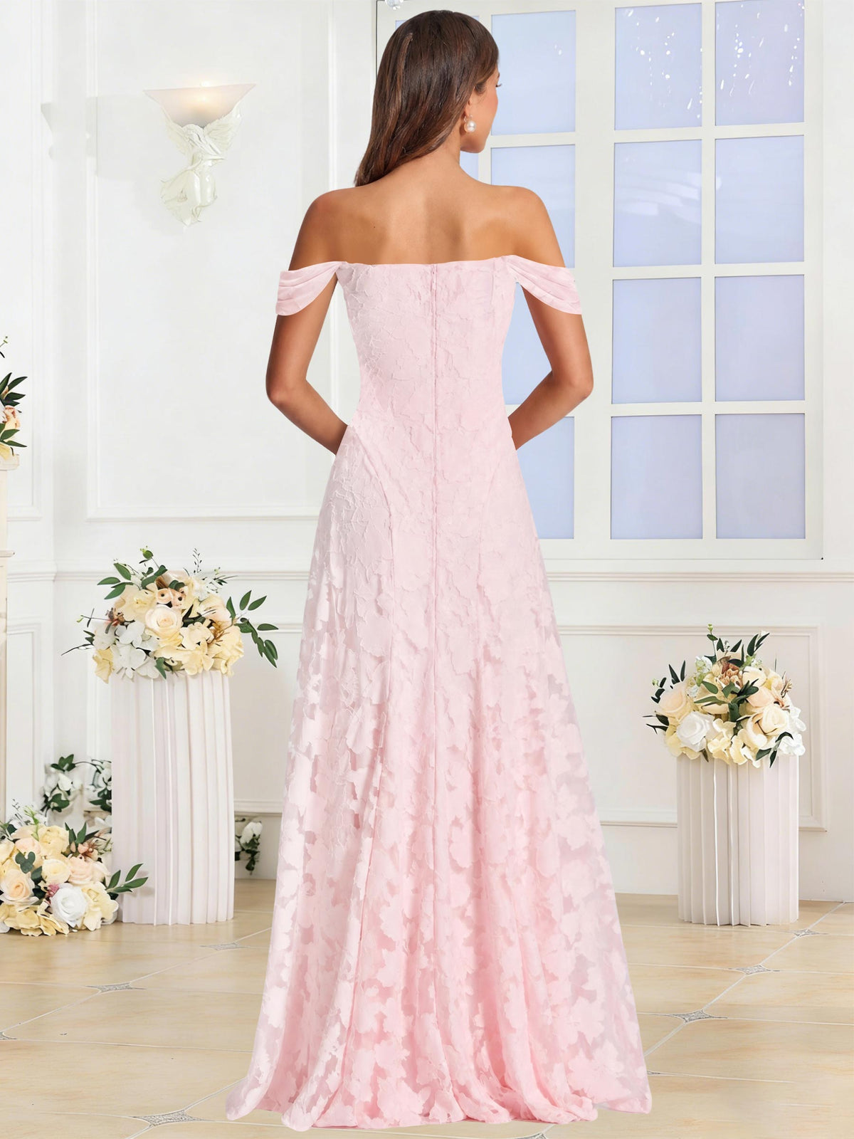 Off the Shoulder Floral Ruched A-line Bridesmaid Dress