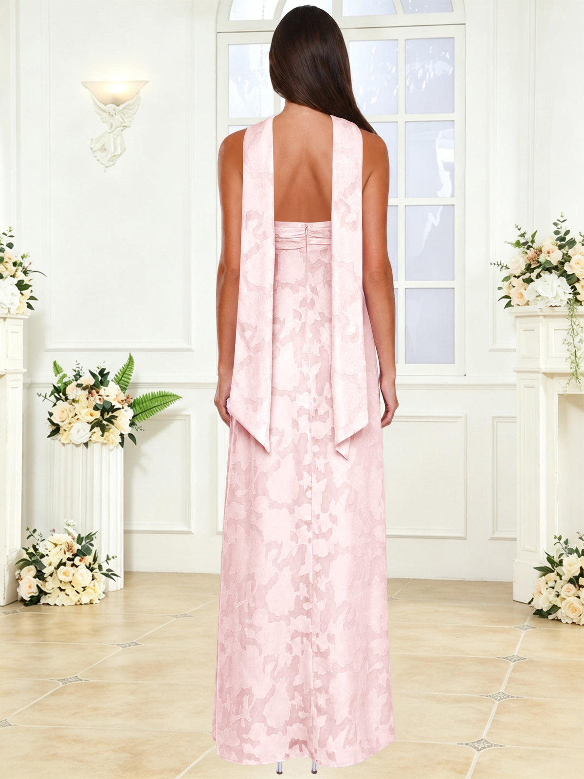 Spaghetti Strap Ruched Floral Jacquard A Line Bridesmaid Dress with Scarf