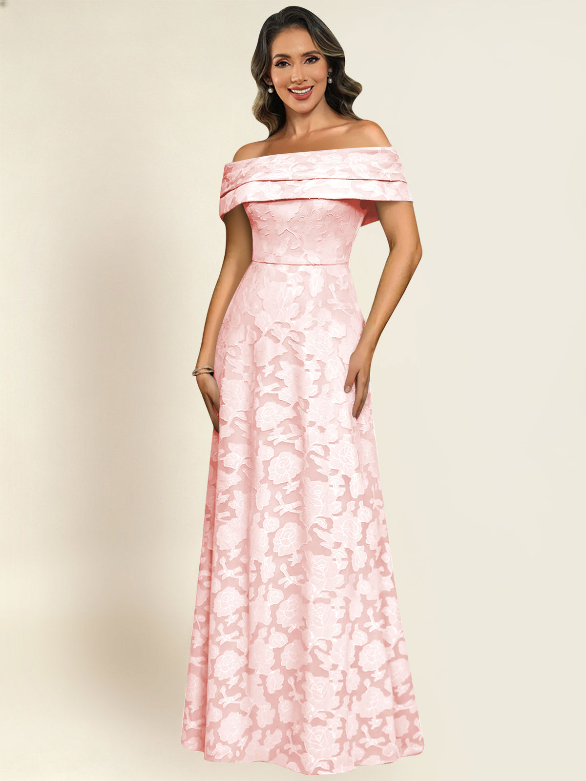 ROVDESY Off the Shoulder Floral Jacquard A-Line Long Mother of the Bride Dress