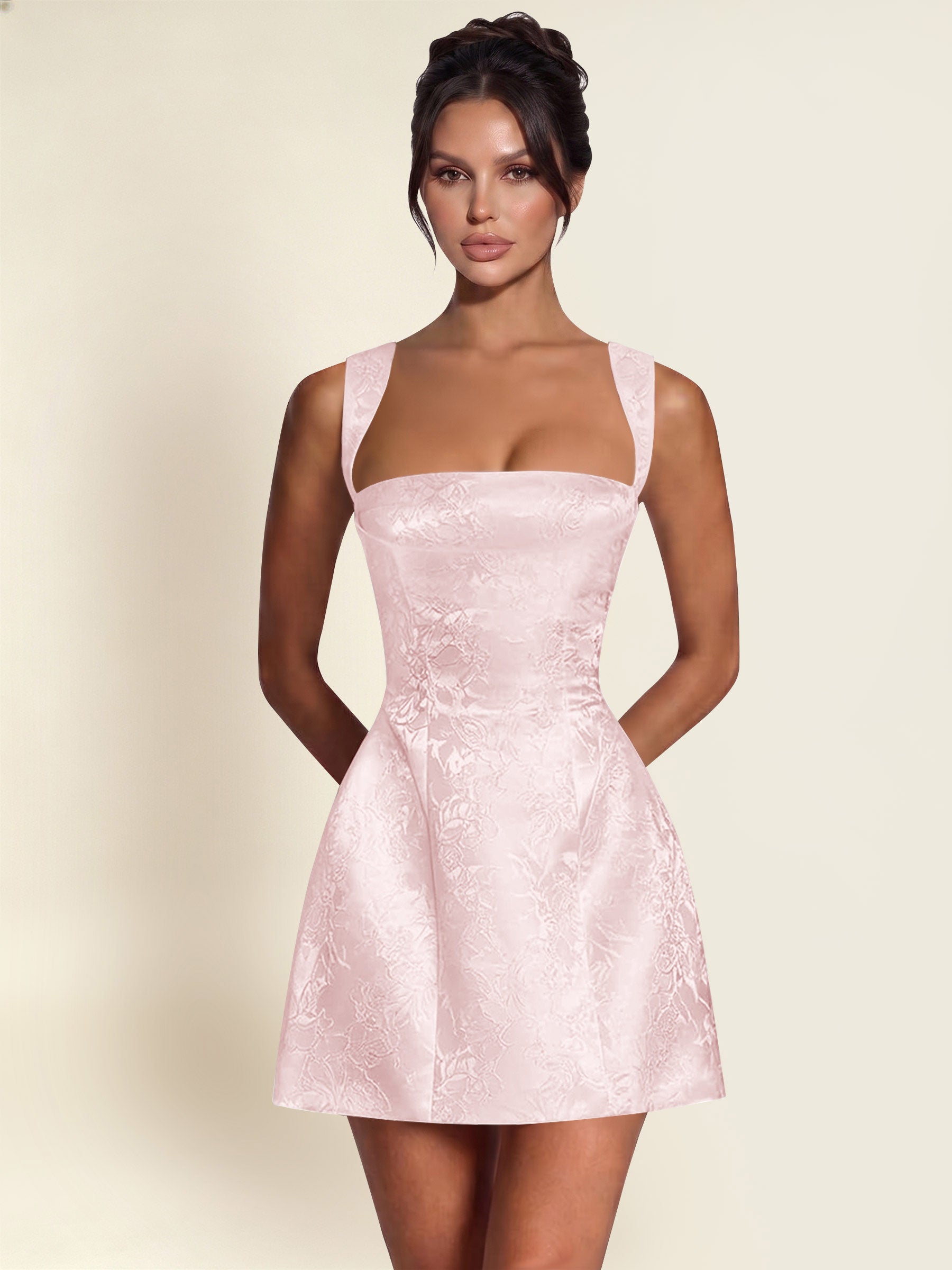 ROVDESY A-Line Square Neck Jacquard Satin Homecoming Mini Dress
