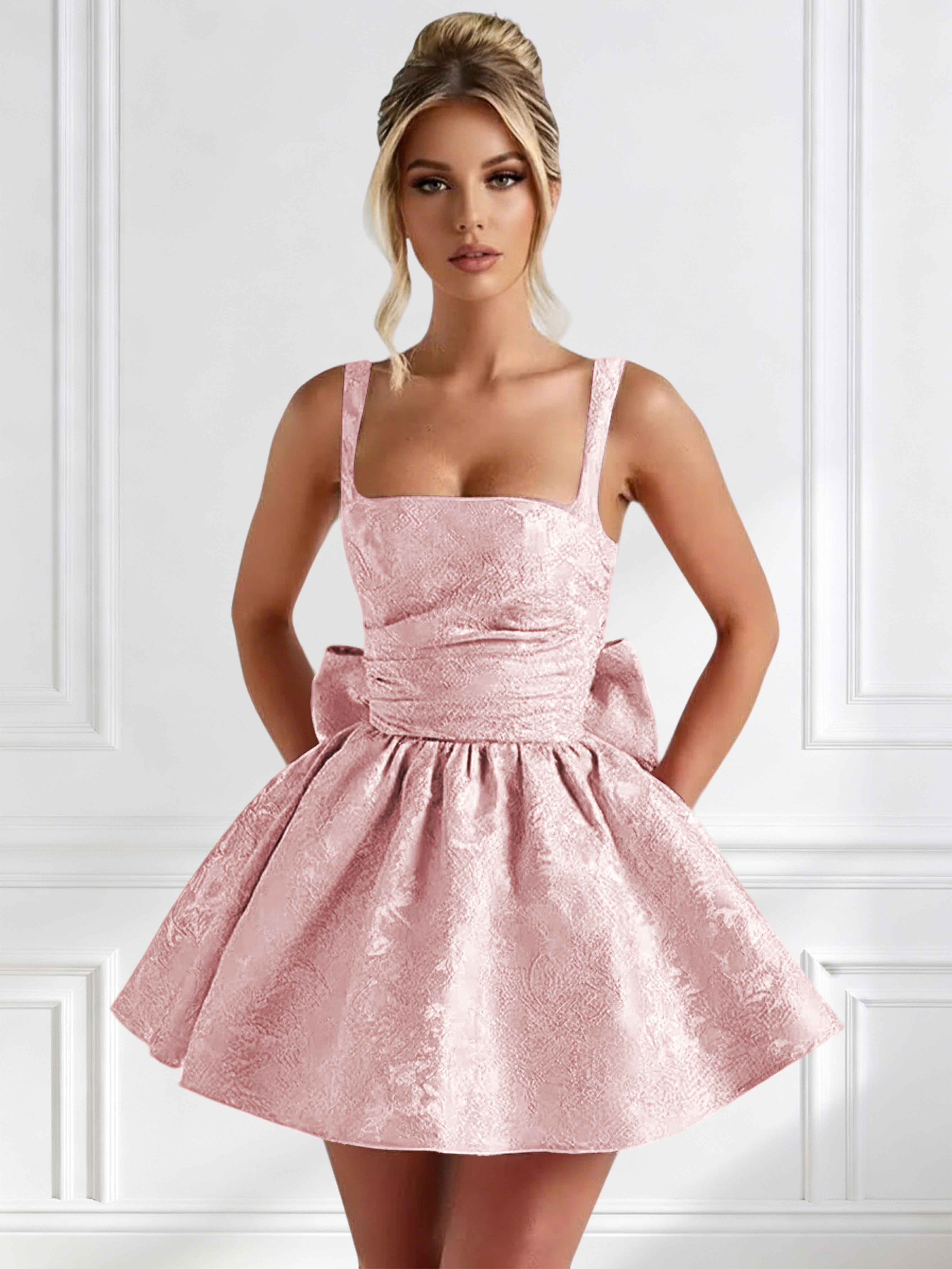 ROVDESY A-Line Square Neck Jacquard Satin Homecoming Mini Dress With Big Bow