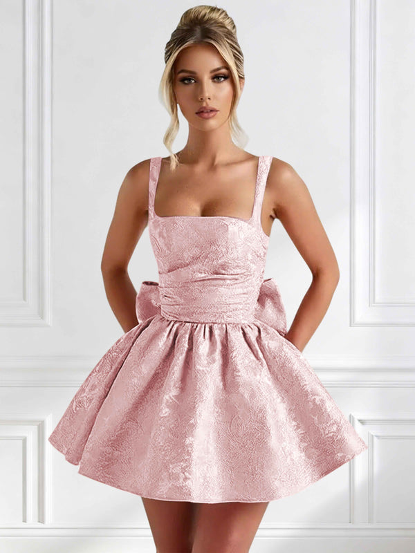 A-Line Square Neck Jacquard Satin Homecoming Mini Dress With Big Bow